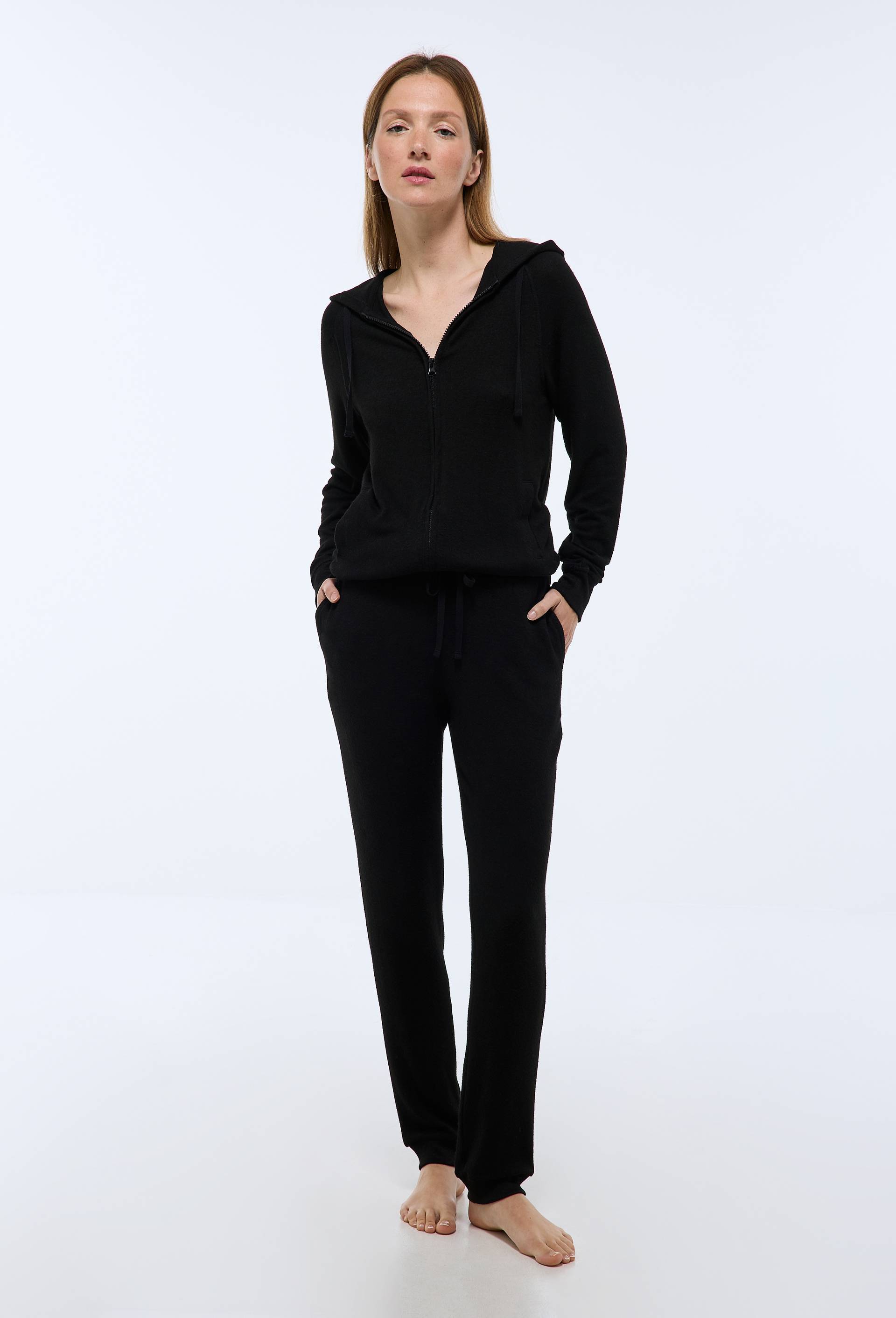 Pantalon droit uni tout doux, Noir, swatch image