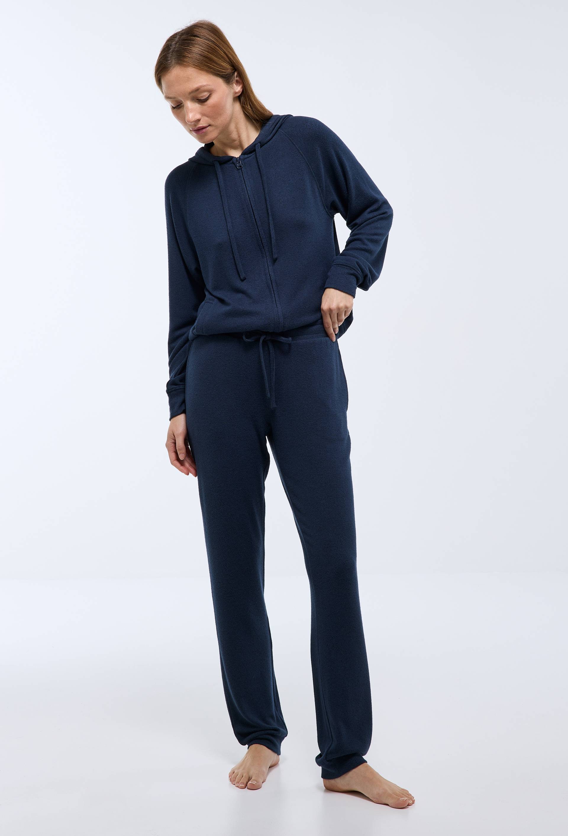 Pantalon droit uni tout doux, Bleu fonc&eacute;, large image number 0