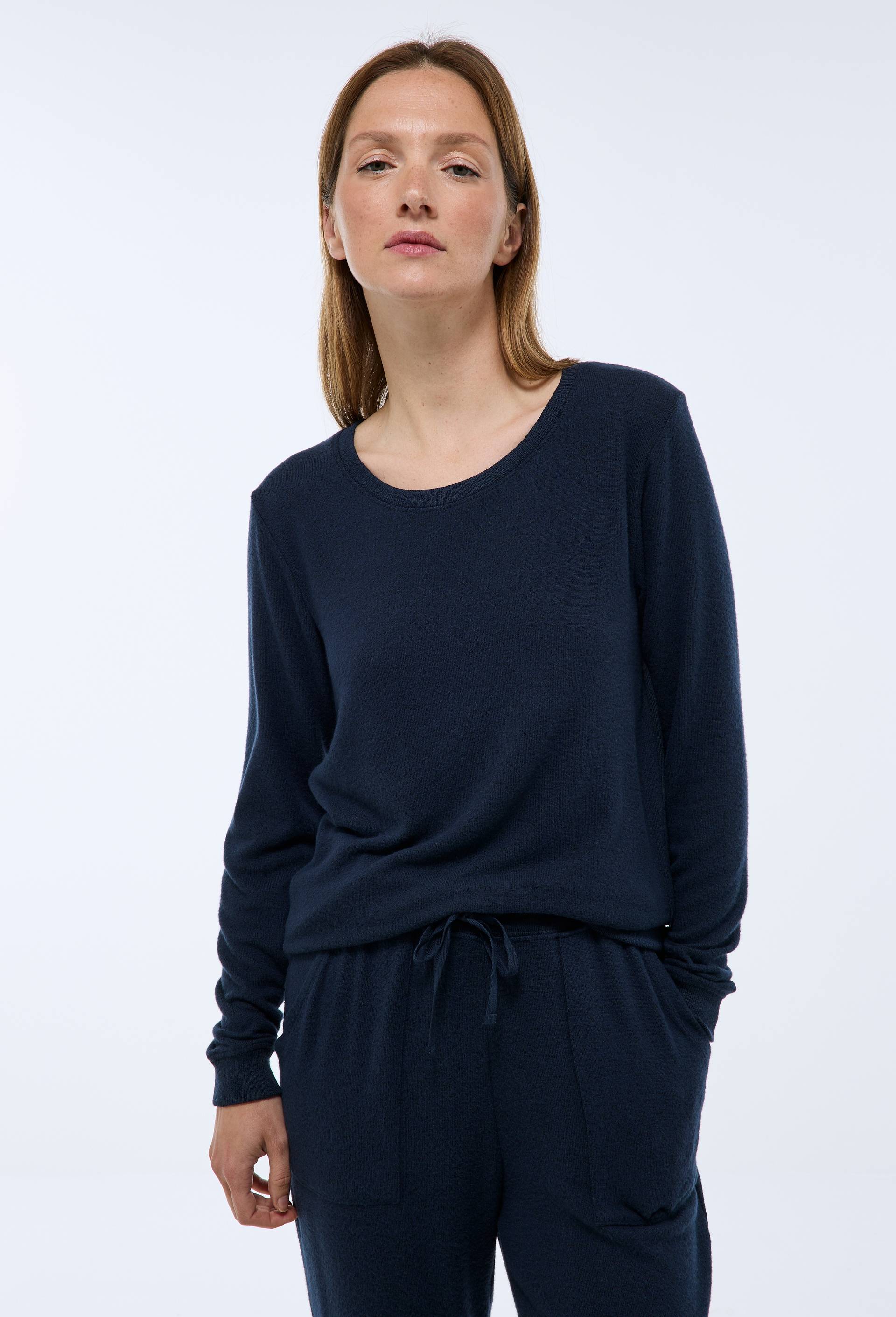 Pull col rond uni doux et l&eacute;ger, Bleu fonc&eacute;, swatch image