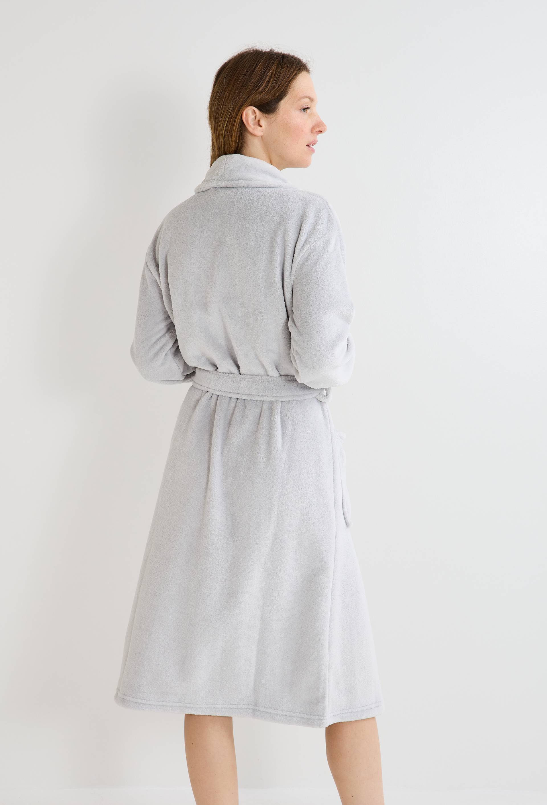 Peignoir long uni en polaire, Gris, large image number 1