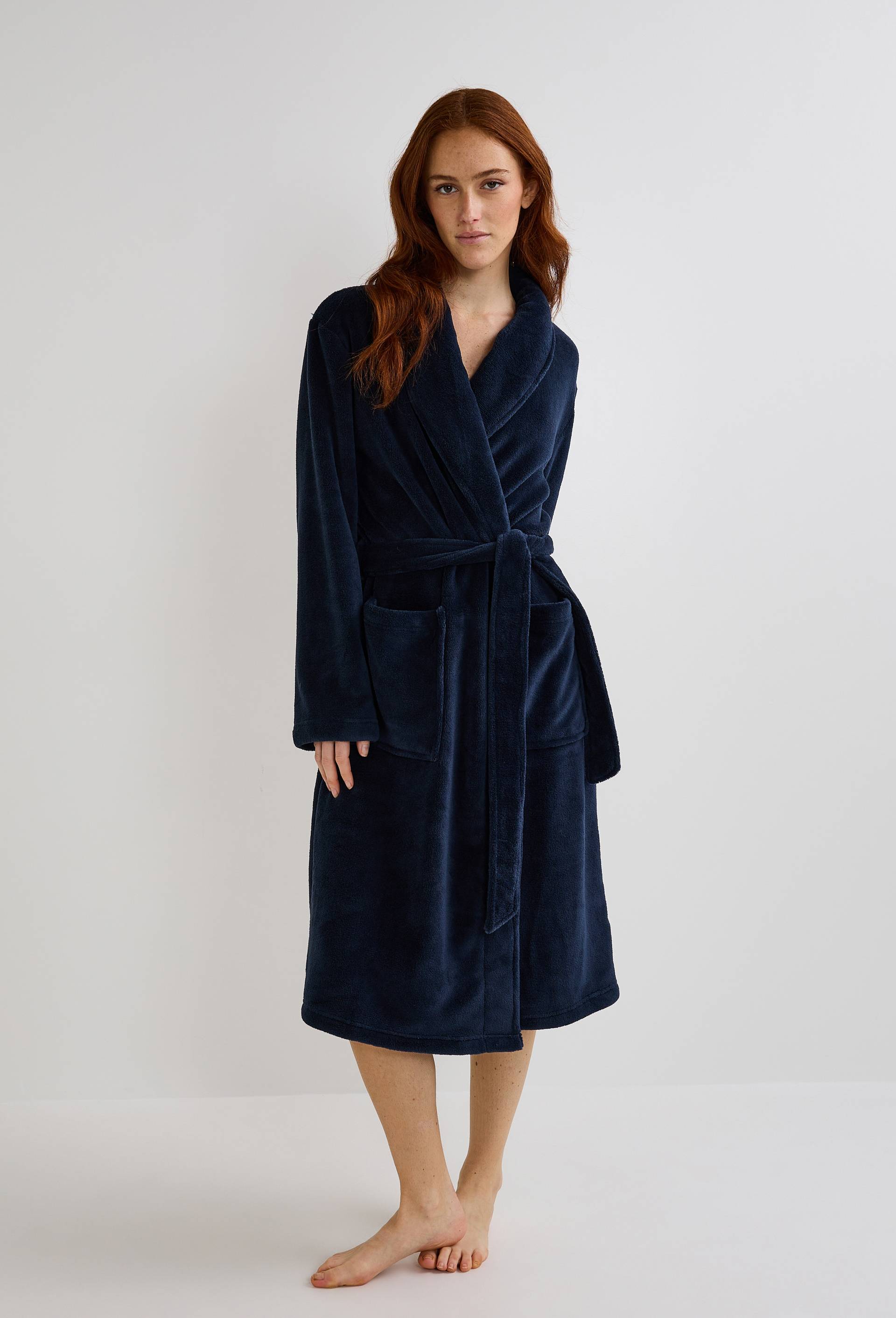 Peignoir long uni en polaire, Bleu foncé, swatch image