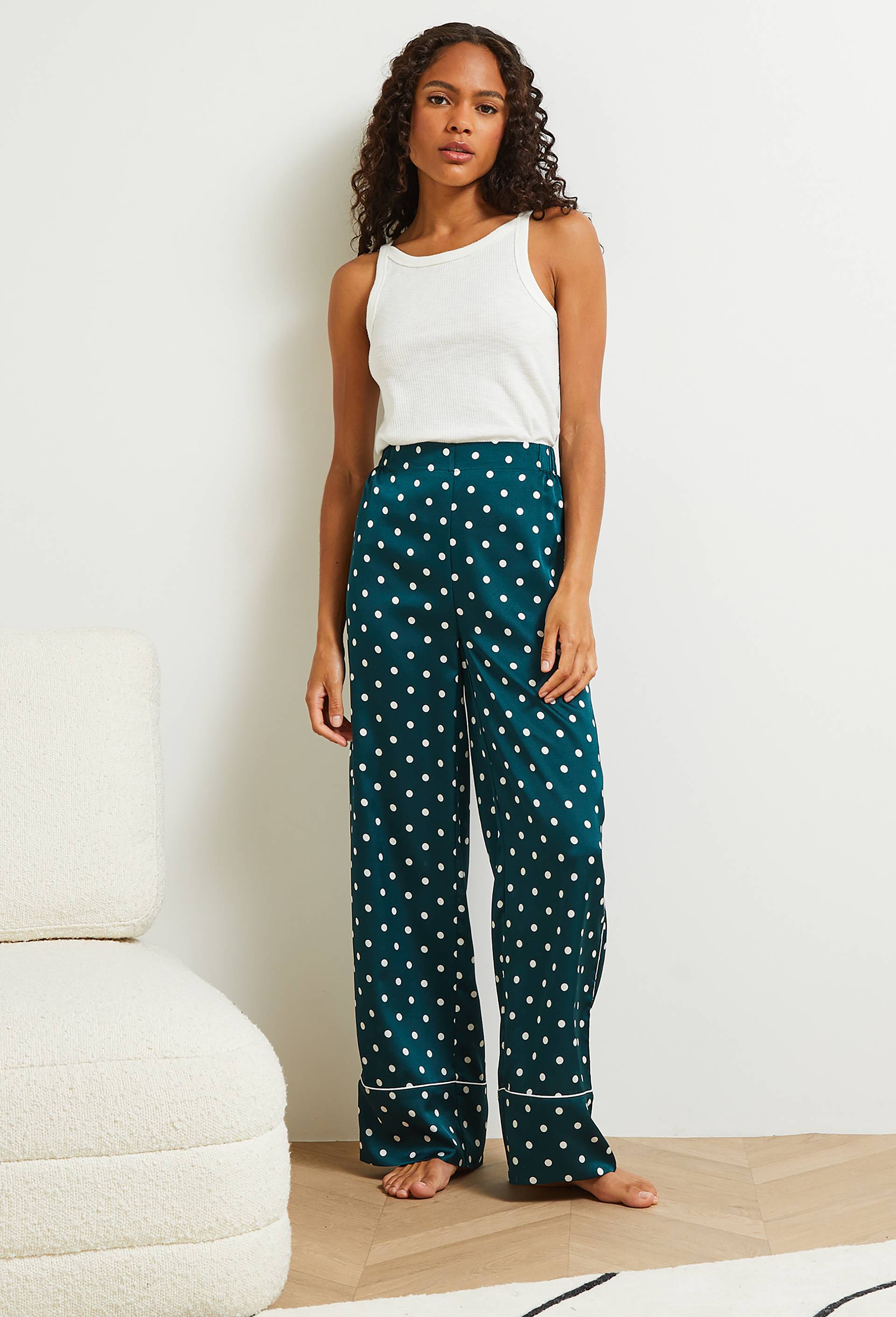 Pantalon &agrave; pois en satin, Oeko-Tex, Vert fonc&eacute;, large image number 0