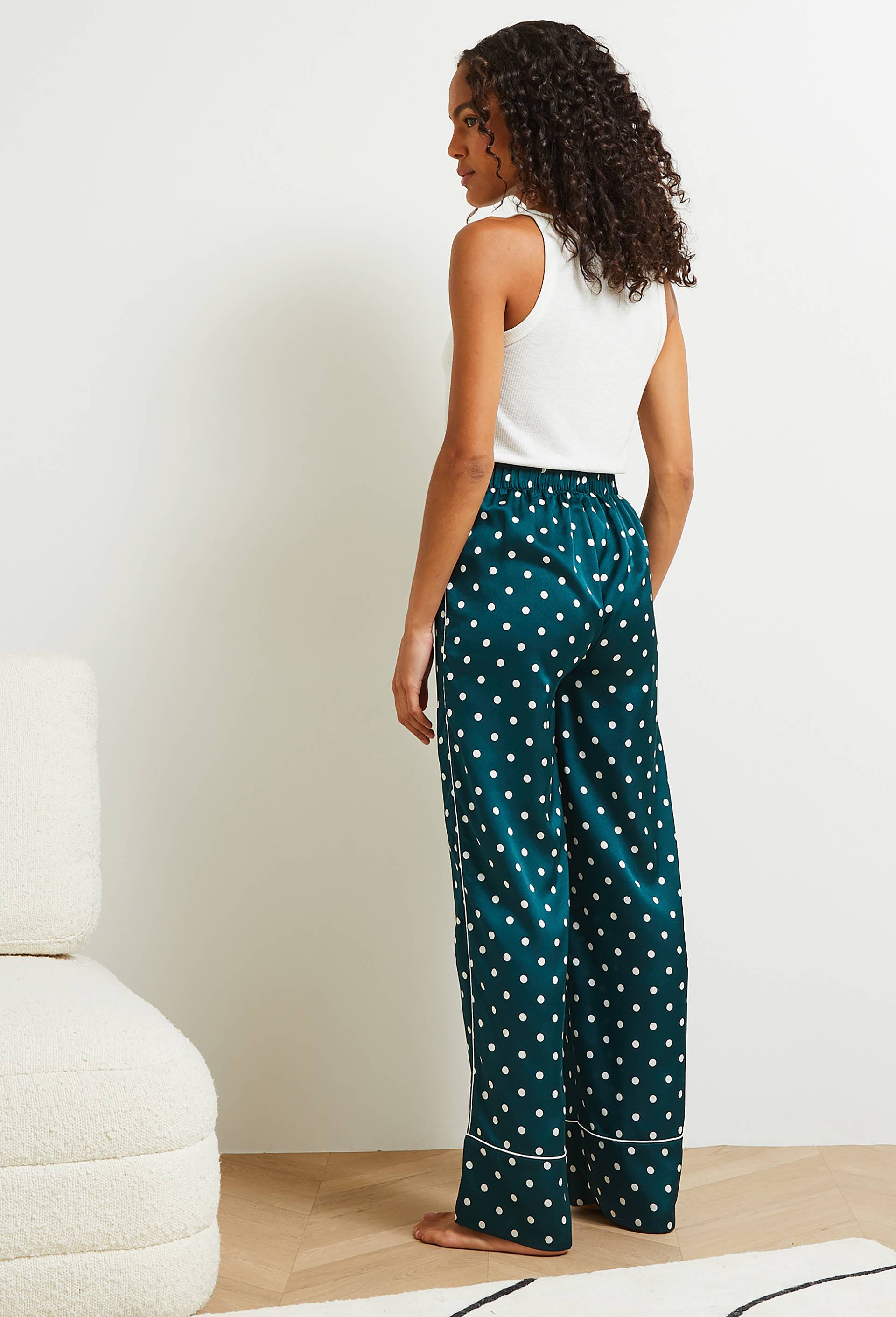 Pantalon &agrave; pois en satin, Oeko-Tex, Vert fonc&eacute;, large image number 1