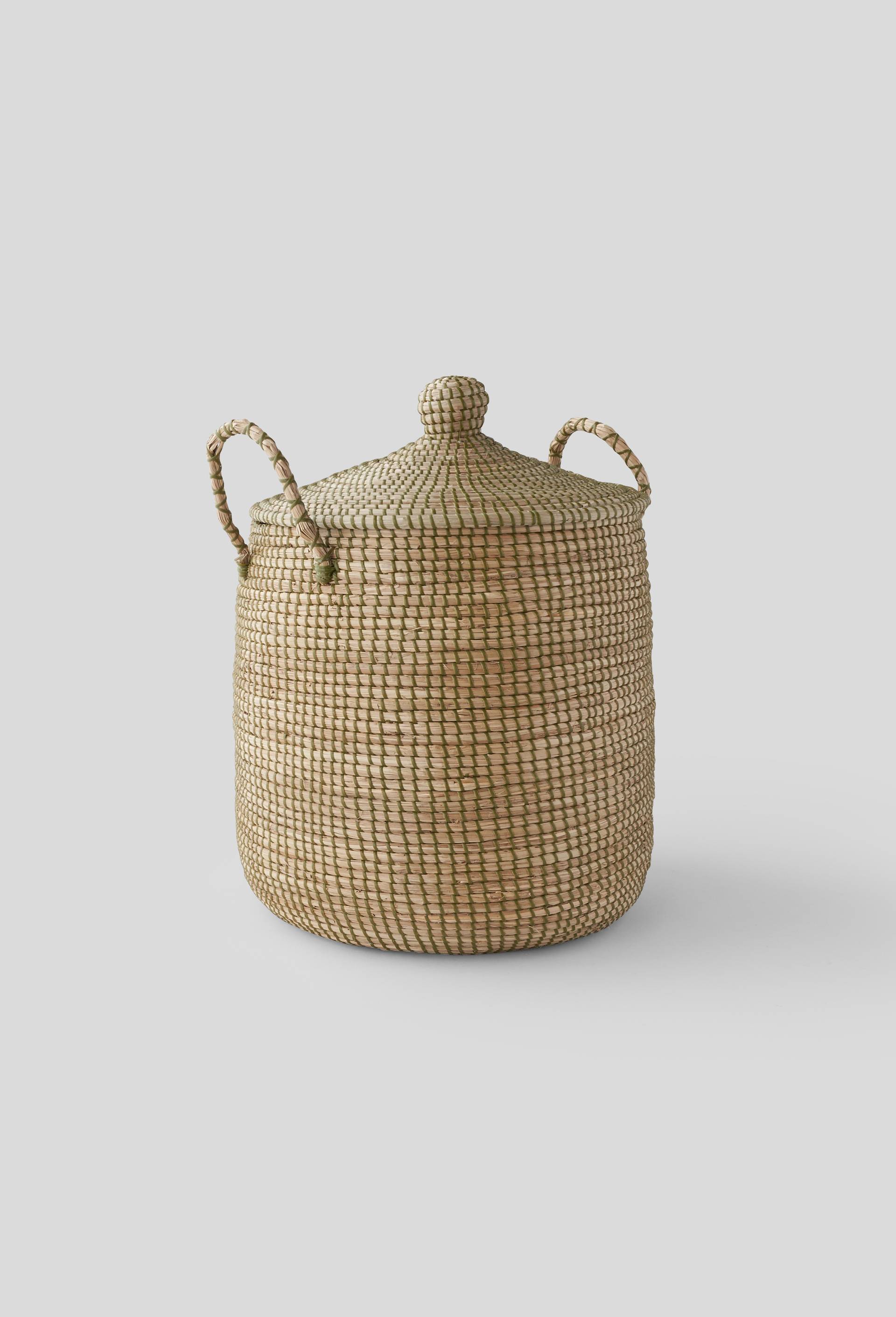 Panier en jonc de mer et scoubidou, D42xH41cm, Vert foncé, large image number 0