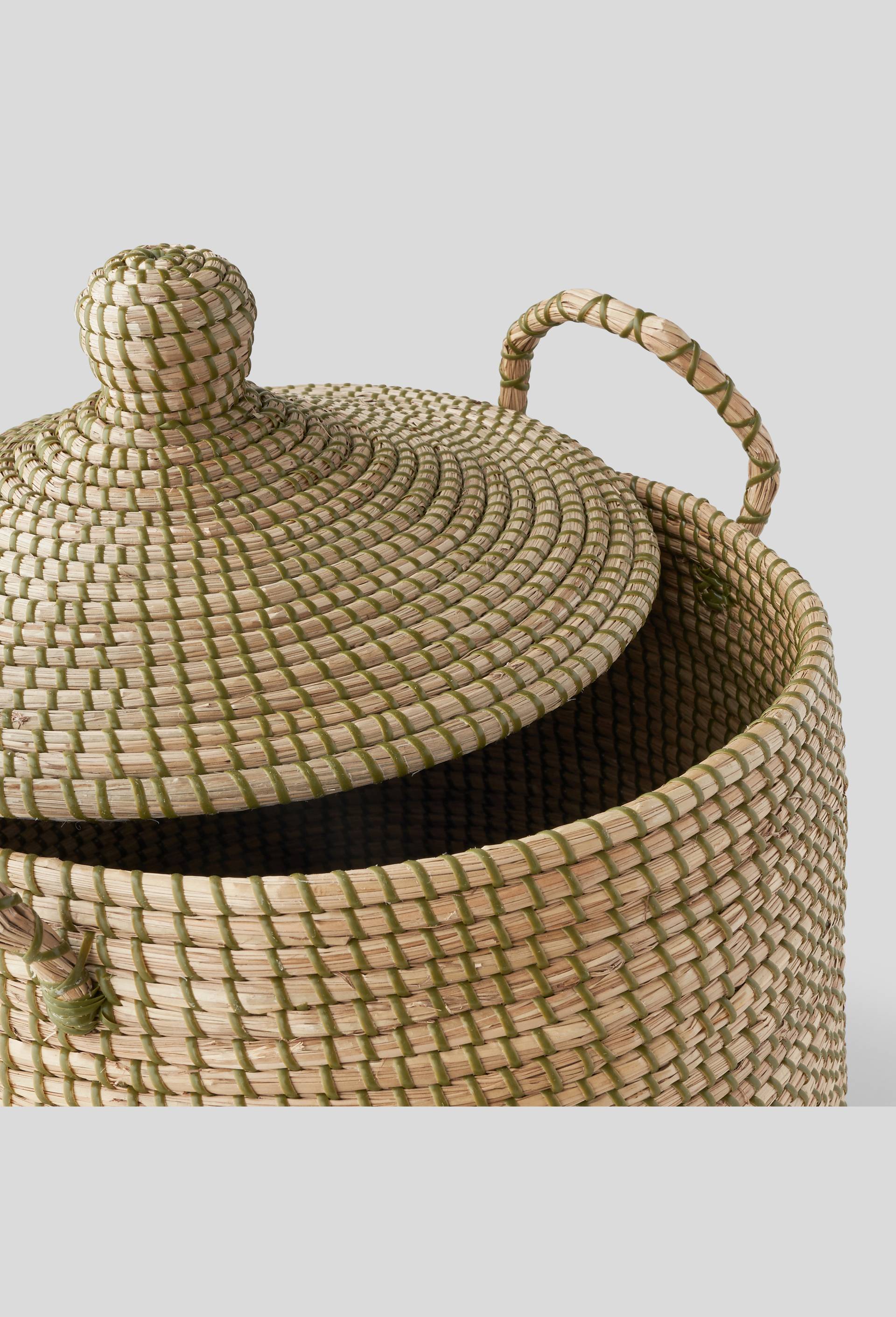 Panier en jonc de mer et scoubidou, D42xH41cm, Vert foncé, large image number 1