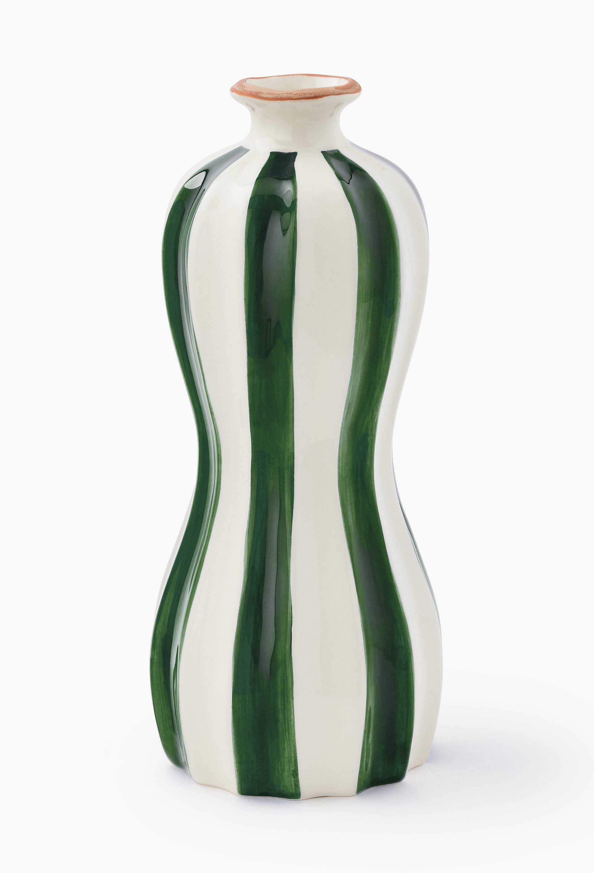 Vase &eacute;troit ray&eacute;, 13x33cm, en fa&iuml;ence, Vert fonc&eacute;, large image number 0