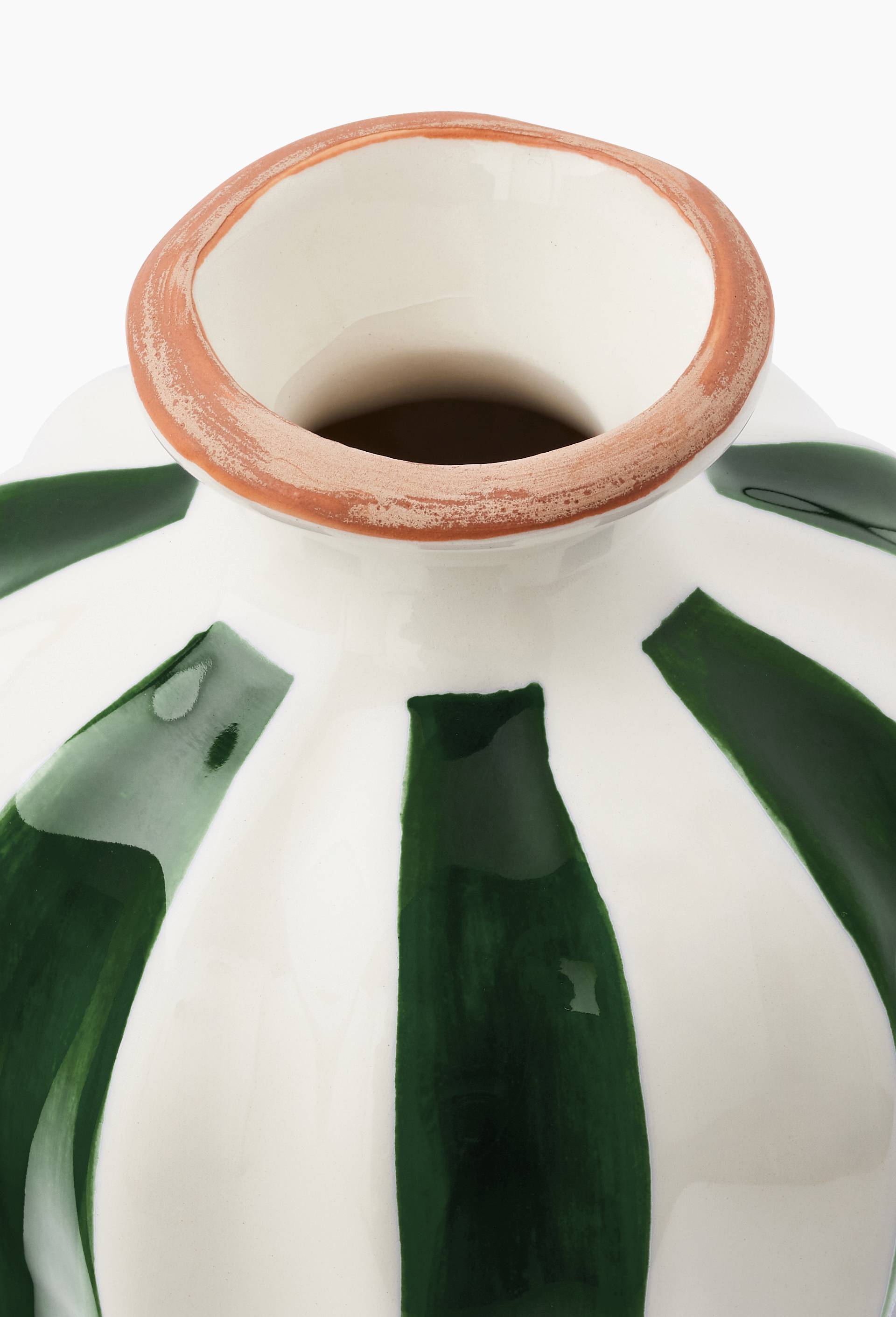 Vase &eacute;troit ray&eacute;, 13x33cm, en fa&iuml;ence, Vert fonc&eacute;, large image number 1