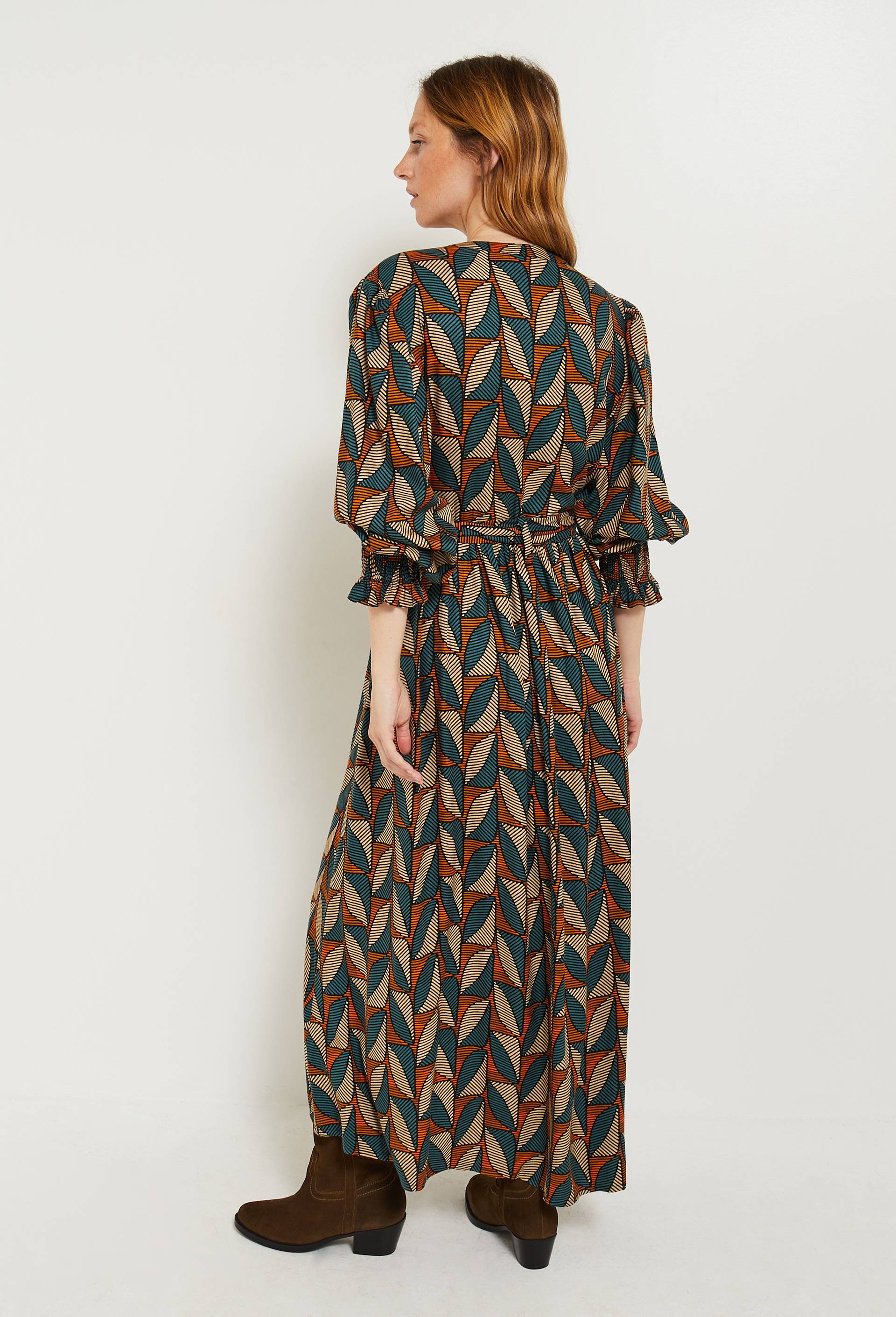 Robe midi manches longues imprimée avec ceinture, EcoVero, Noir, large image number 1