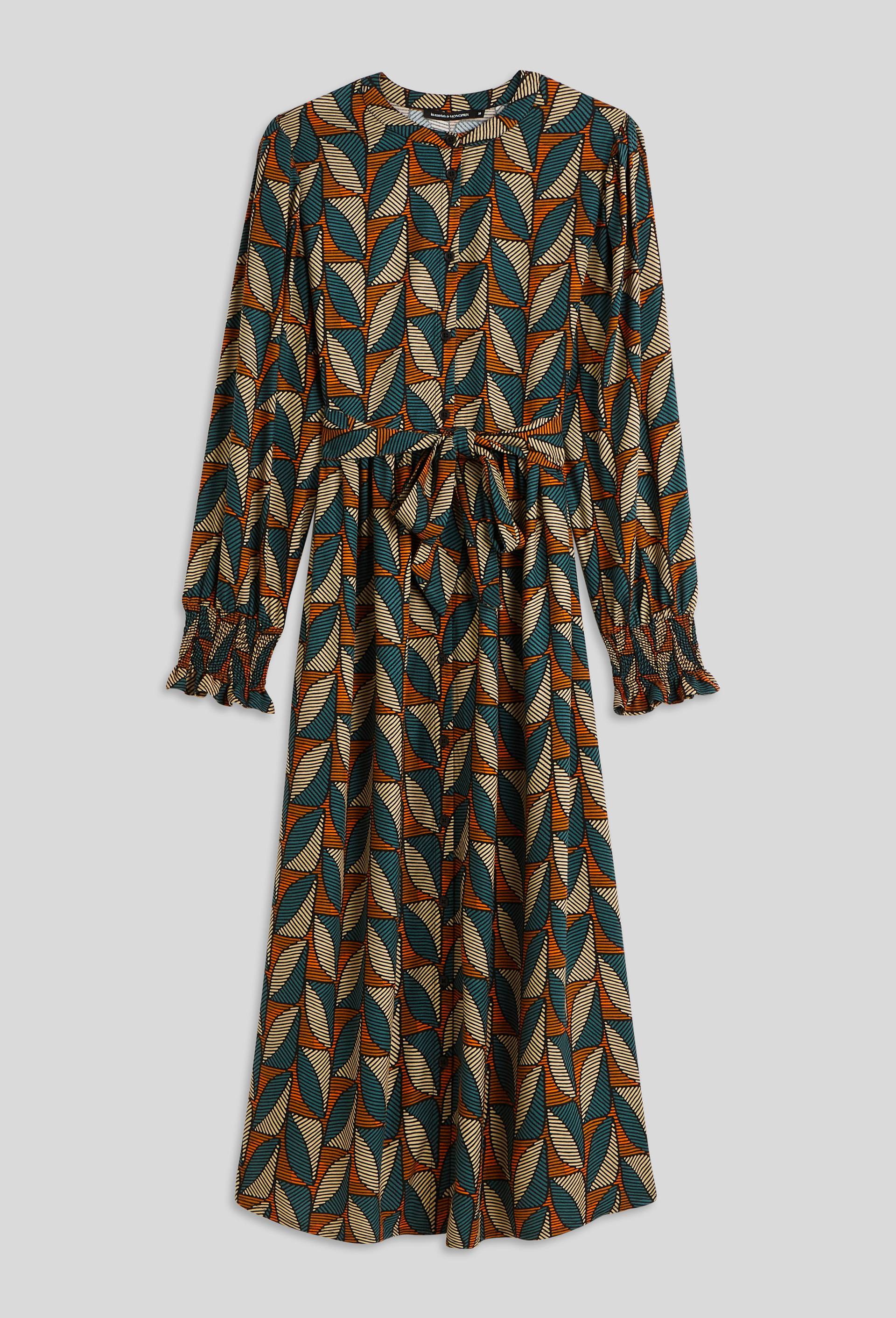 Robe midi manches longues imprimée avec ceinture, EcoVero, Noir, large image number 2