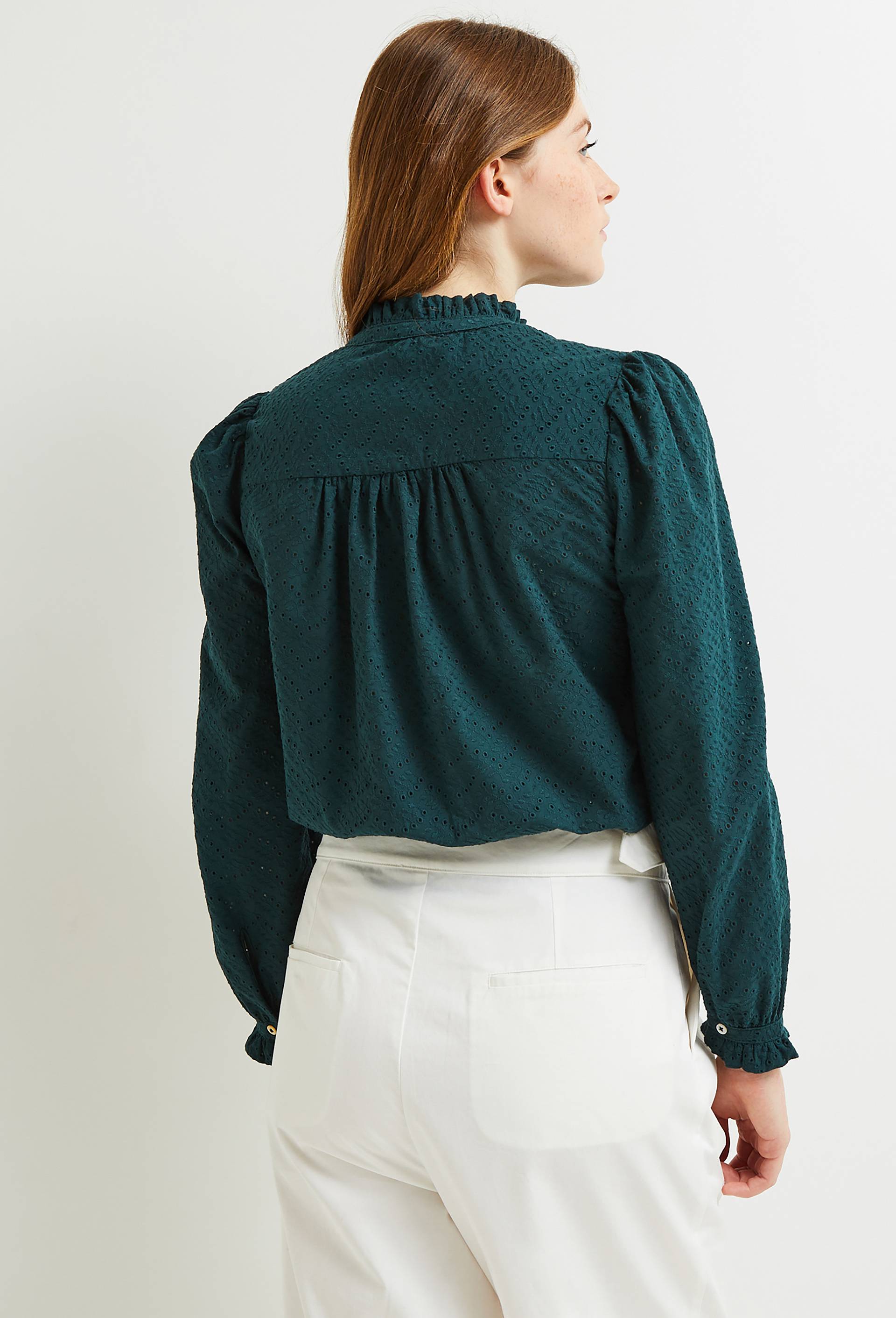 Blouse manches longues en broderie anglaise en coton, Vert foncé, large image number 1.0