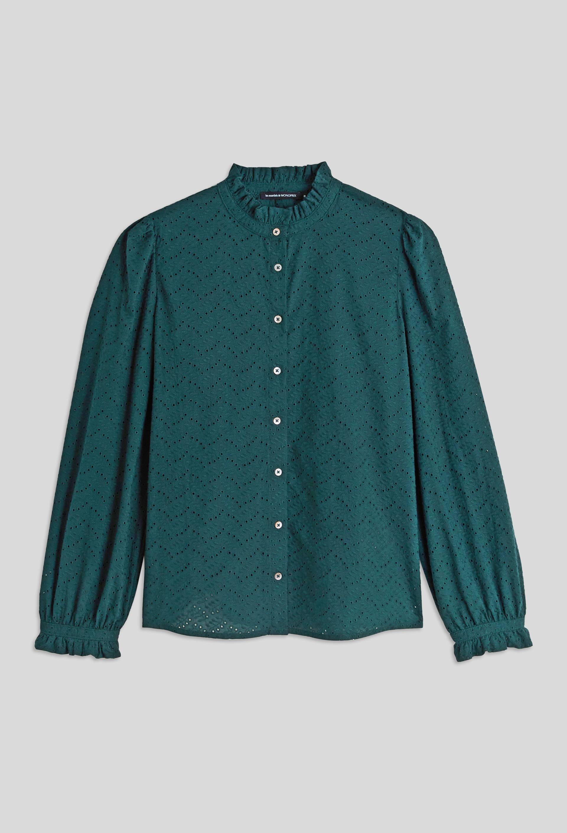 Blouse manches longues en broderie anglaise en coton, Vert foncé, large image number 2
