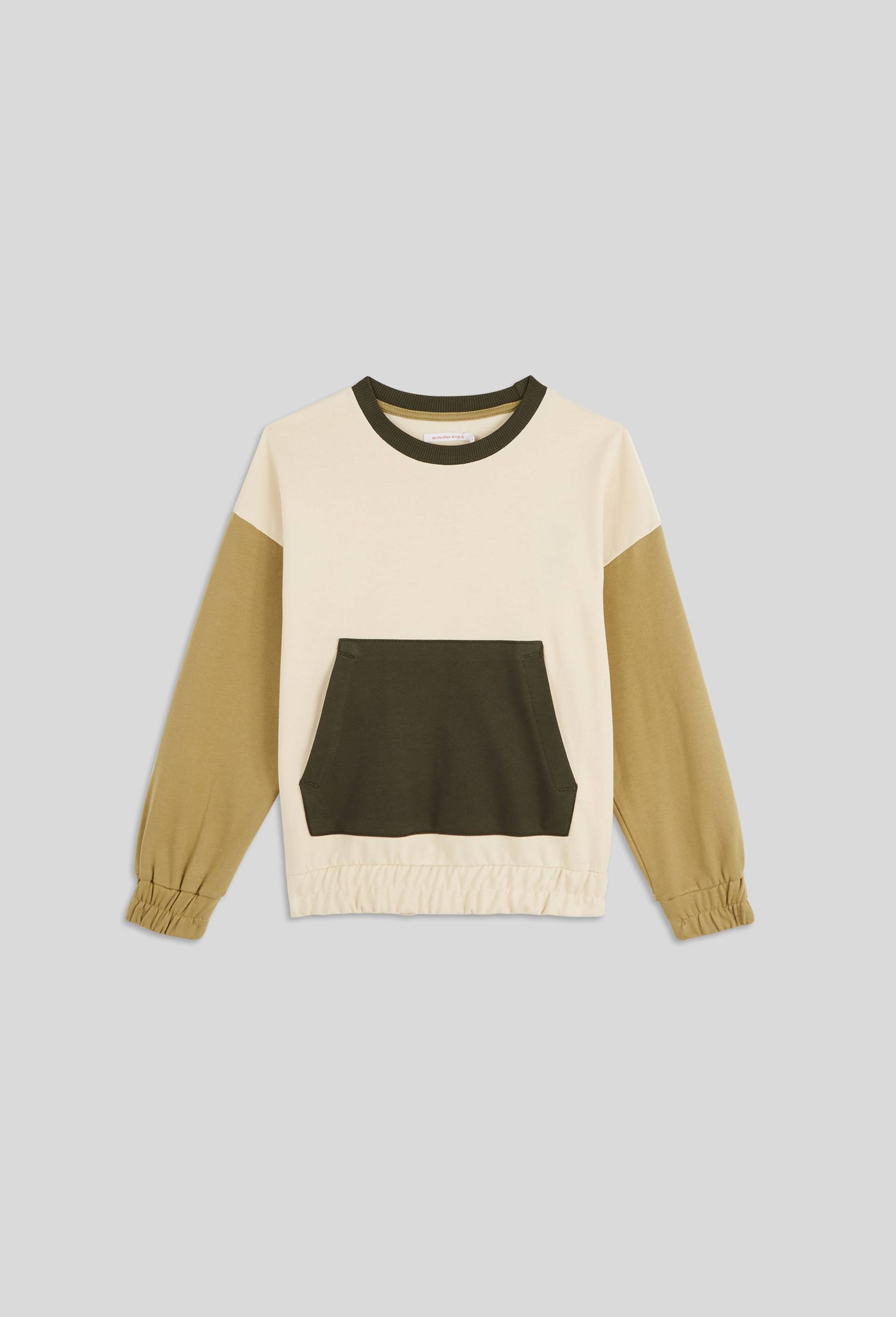 Sweat col rond tricolore avec poche ventrale en coton BIO, Beige clair, large image number 0