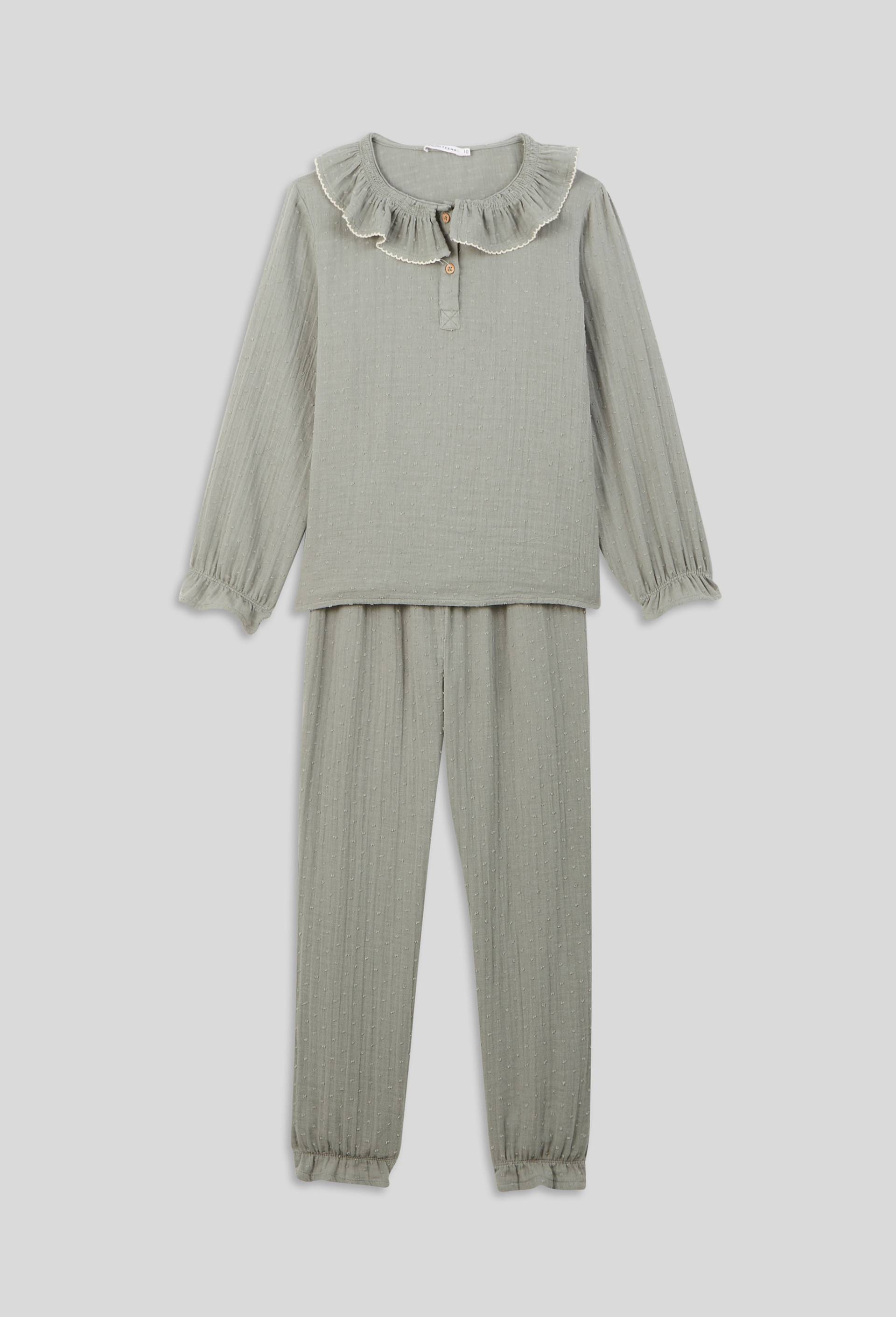 Pyjama long grand col uni en gaze de coton BIO, Vert, large image number 1.0