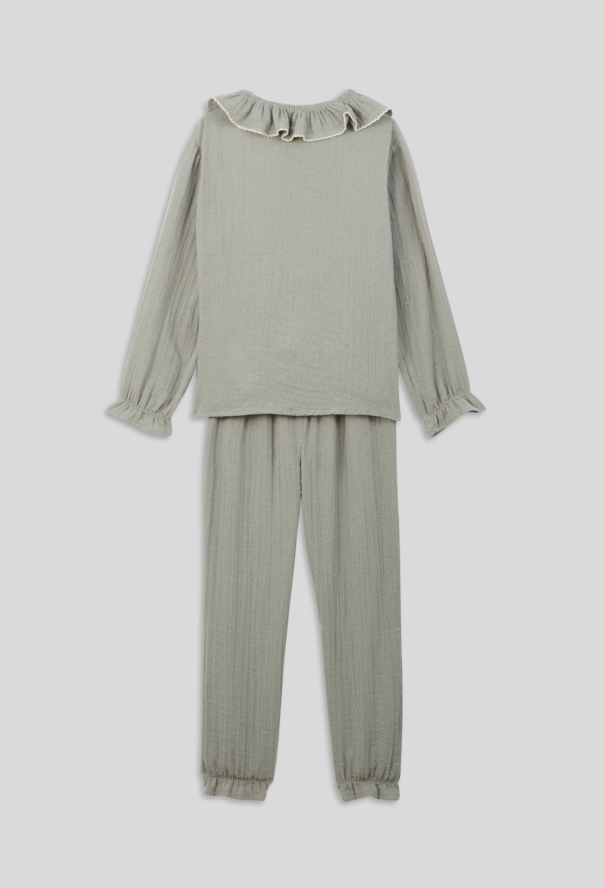 Pyjama long grand col uni en gaze de coton BIO, Vert, large image number 2.0