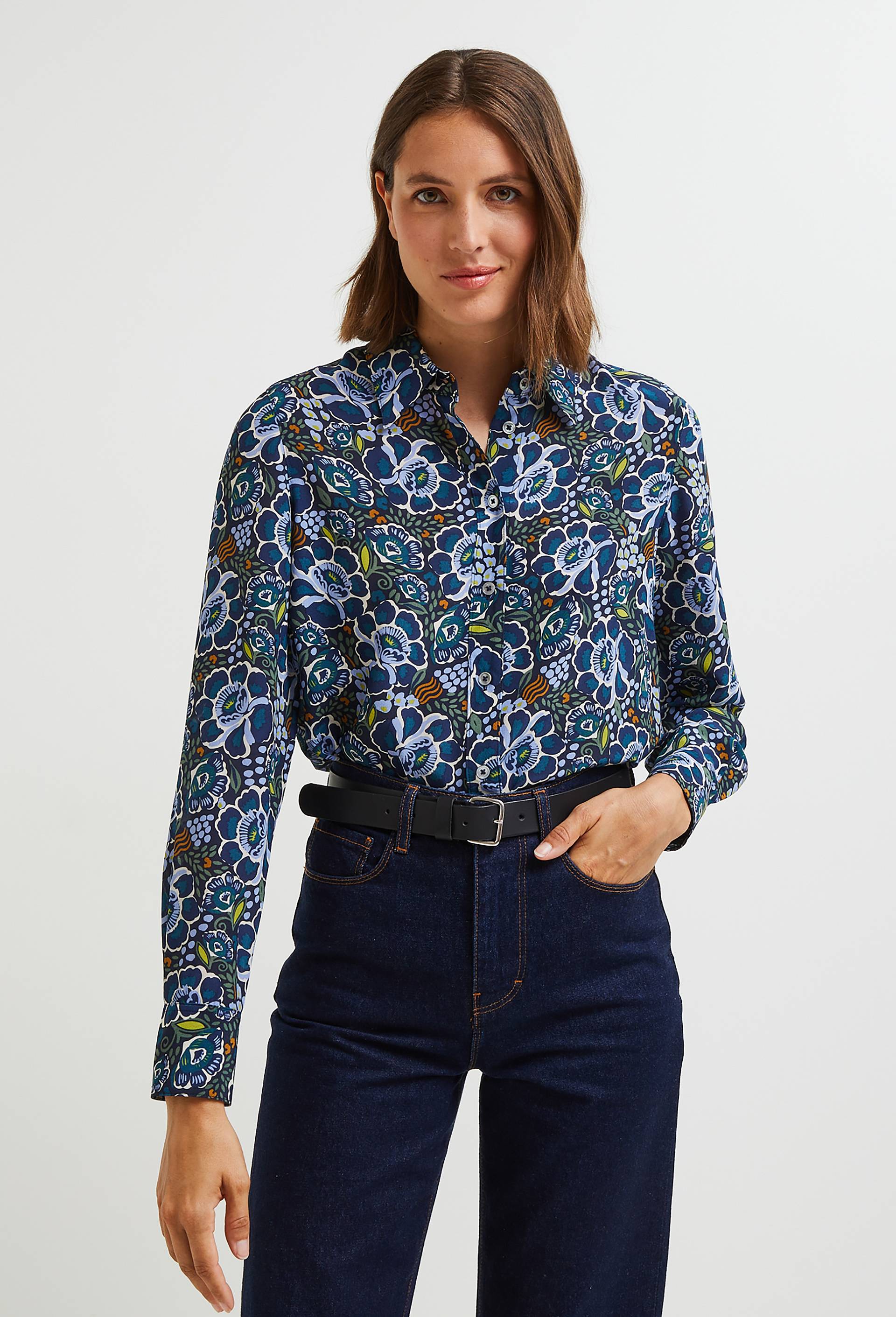 Chemise en soie imprimée, Oeko-Tex, Bleu foncé, large image number 0