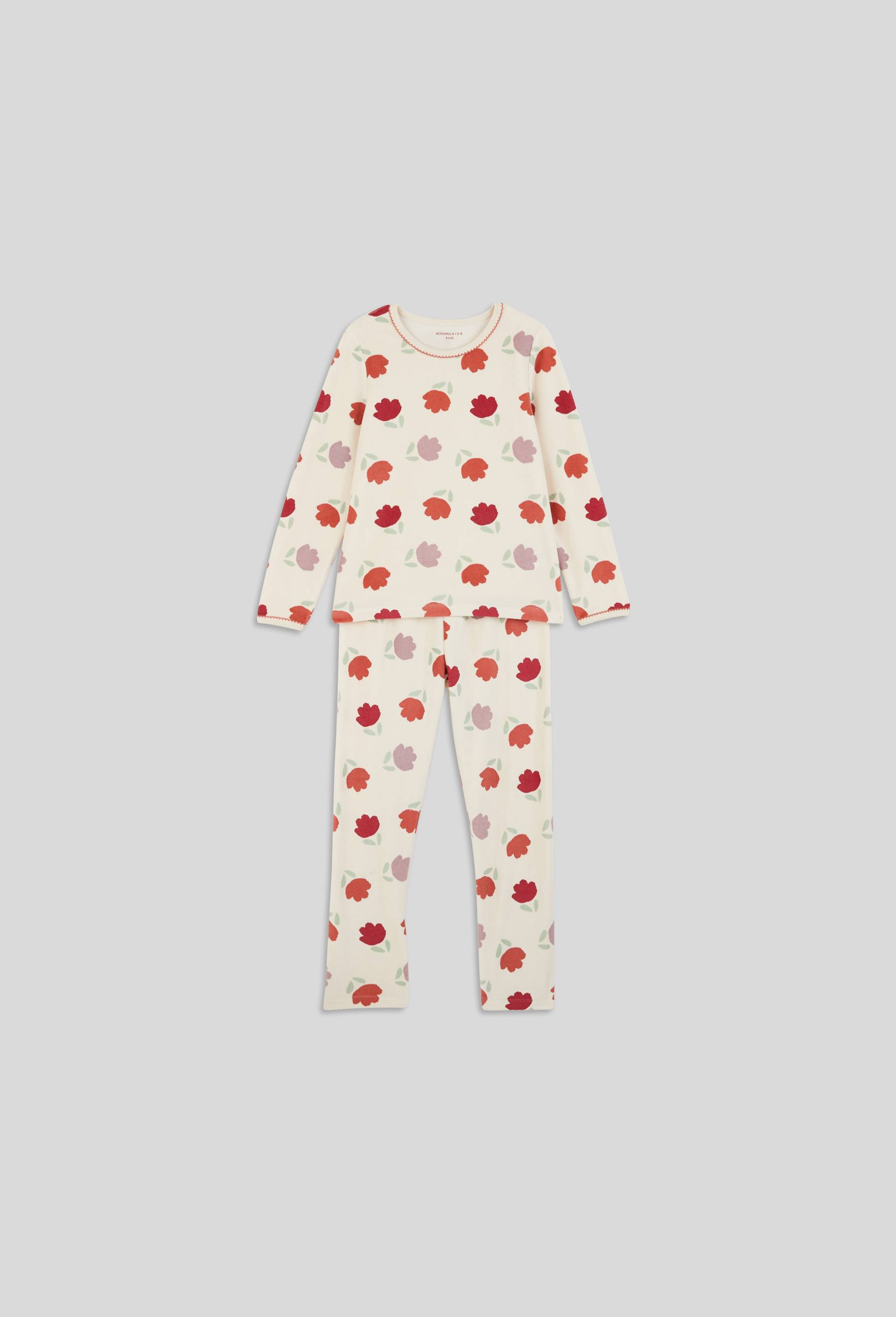 Pyjama long motifs fleurs en velours BIO, Beige clair, large image number 0