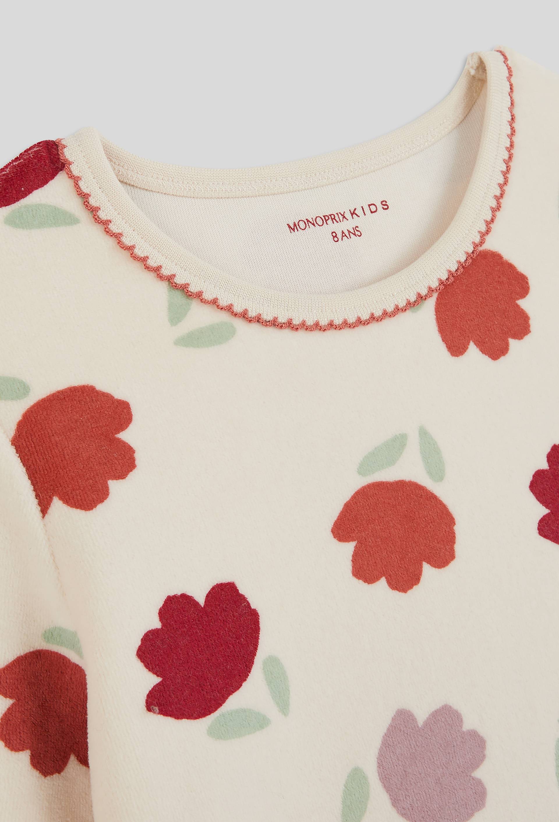 Pyjama long motifs fleurs en velours BIO, Beige clair, large image number 2