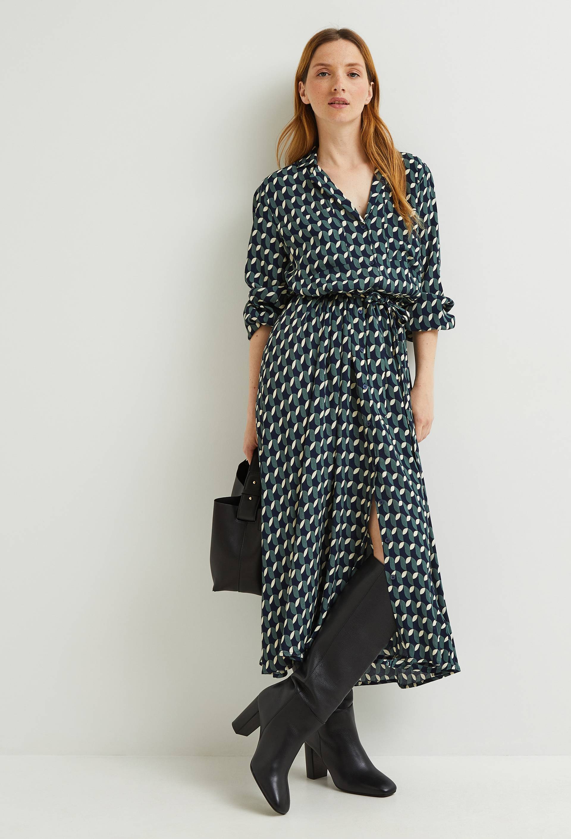 Robe chemise manches longues imprimée, EcoVero, Bleu foncé, large image number 0.0