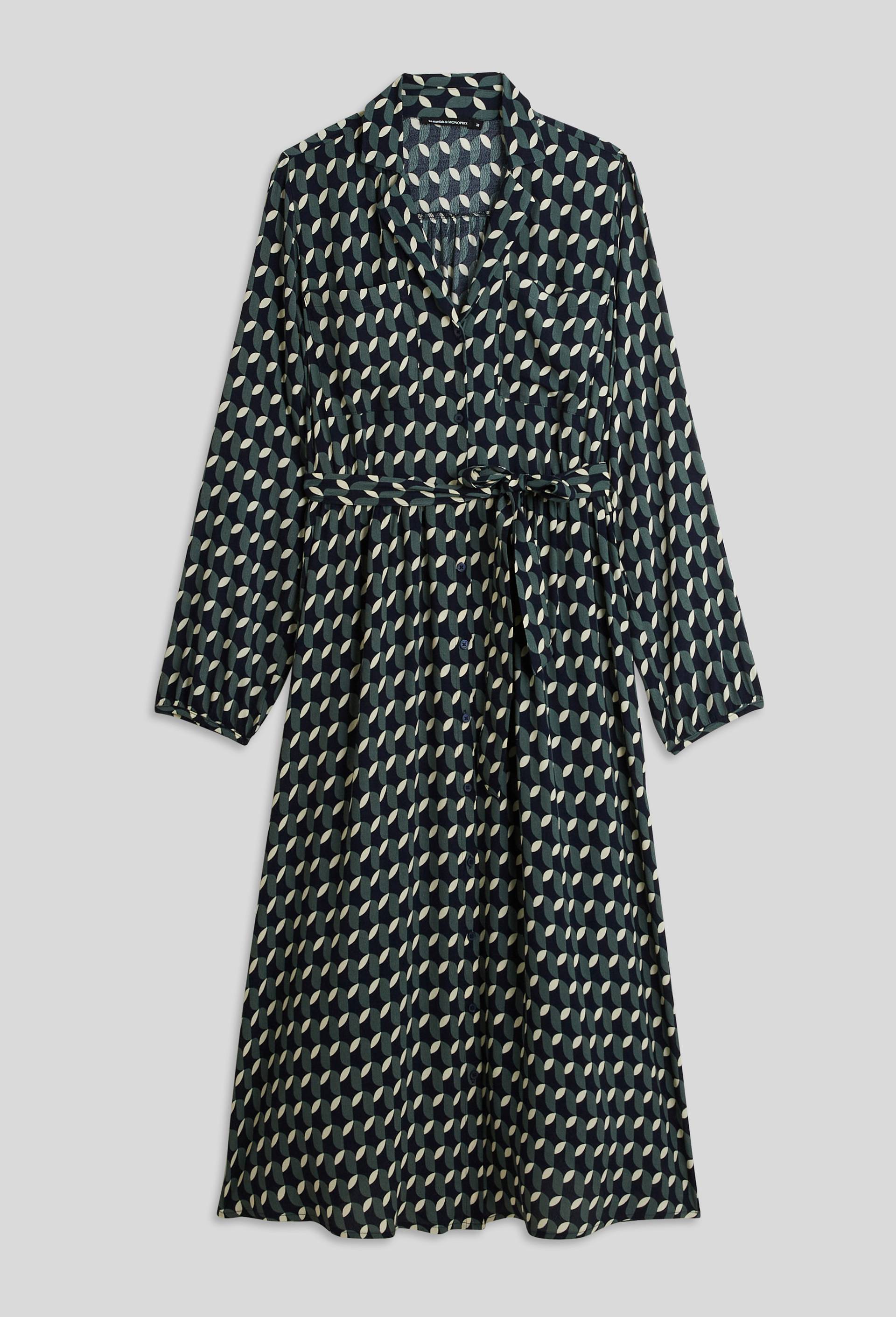 Robe chemise manches longues imprimée, EcoVero, Bleu foncé, large image number 2.0