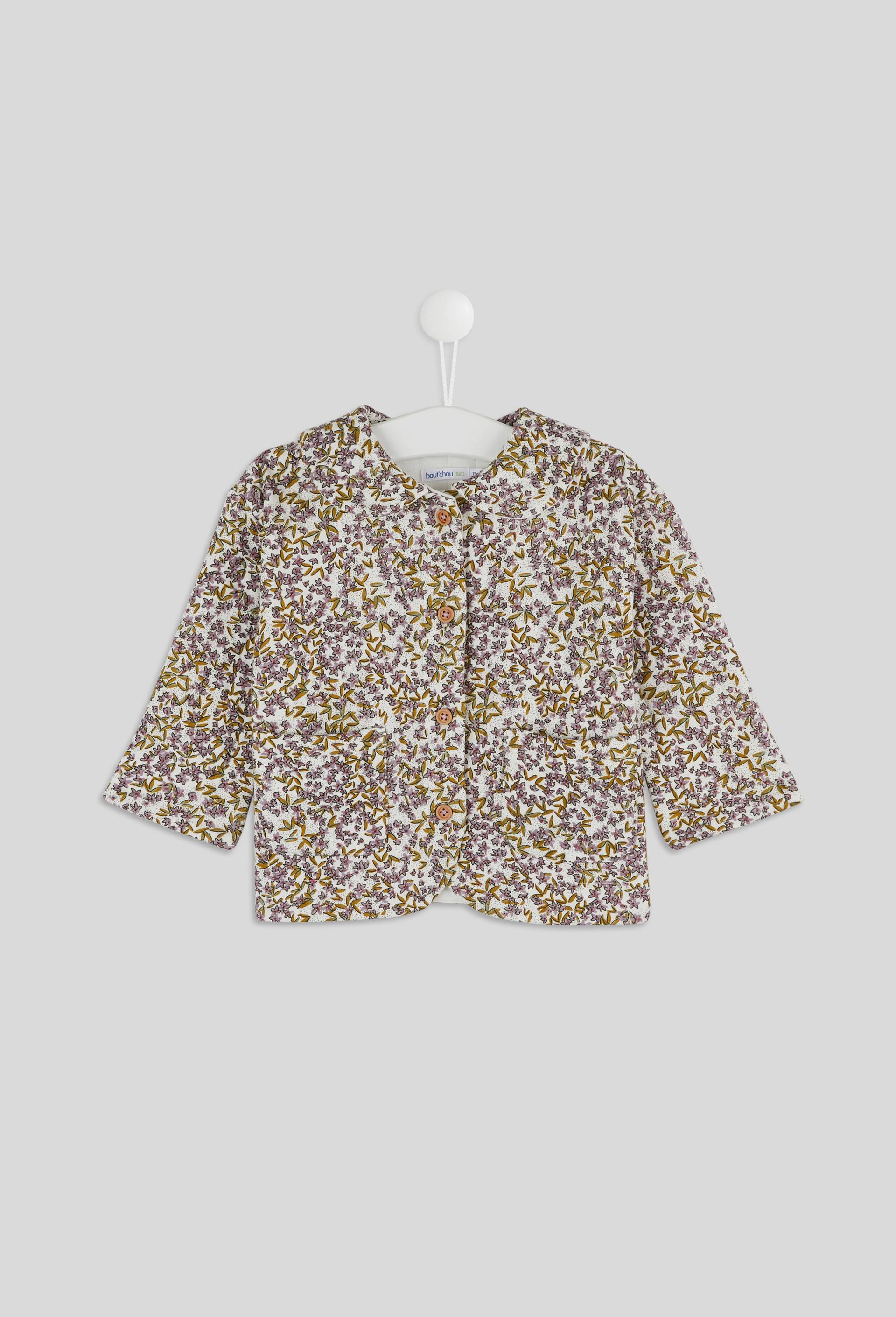 Cardigan imprimé fleurs boutonné col claudine manches longues, fille, OEKO-TEX, Ecru, large image number 0