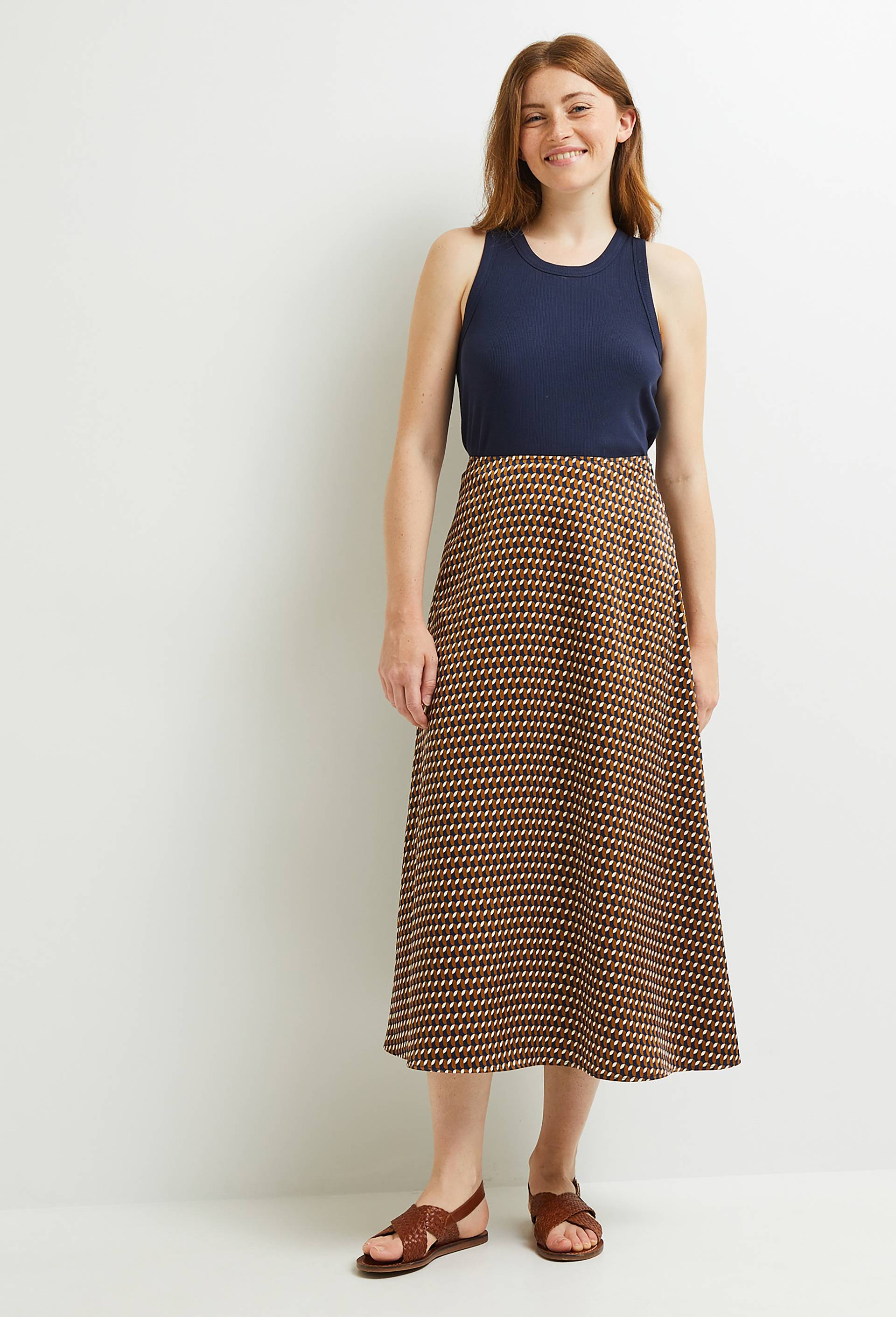 Jupe midi satinée, certifiée OEKO-TEX, Bleu foncé, large image number 0