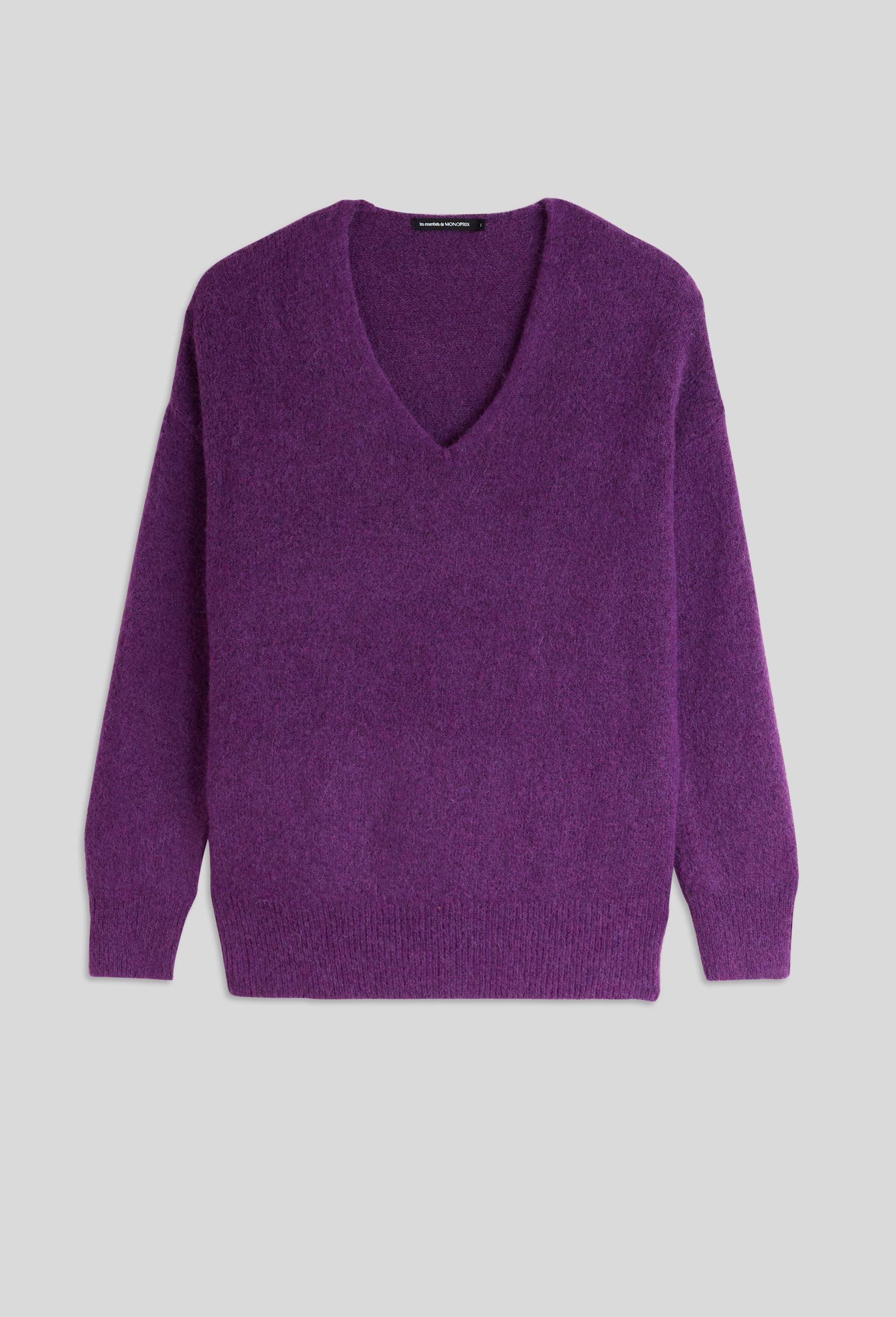 Pull col V uni contenant de l'alpaga, certifié Oeko-Tex, Violet, large image number 2