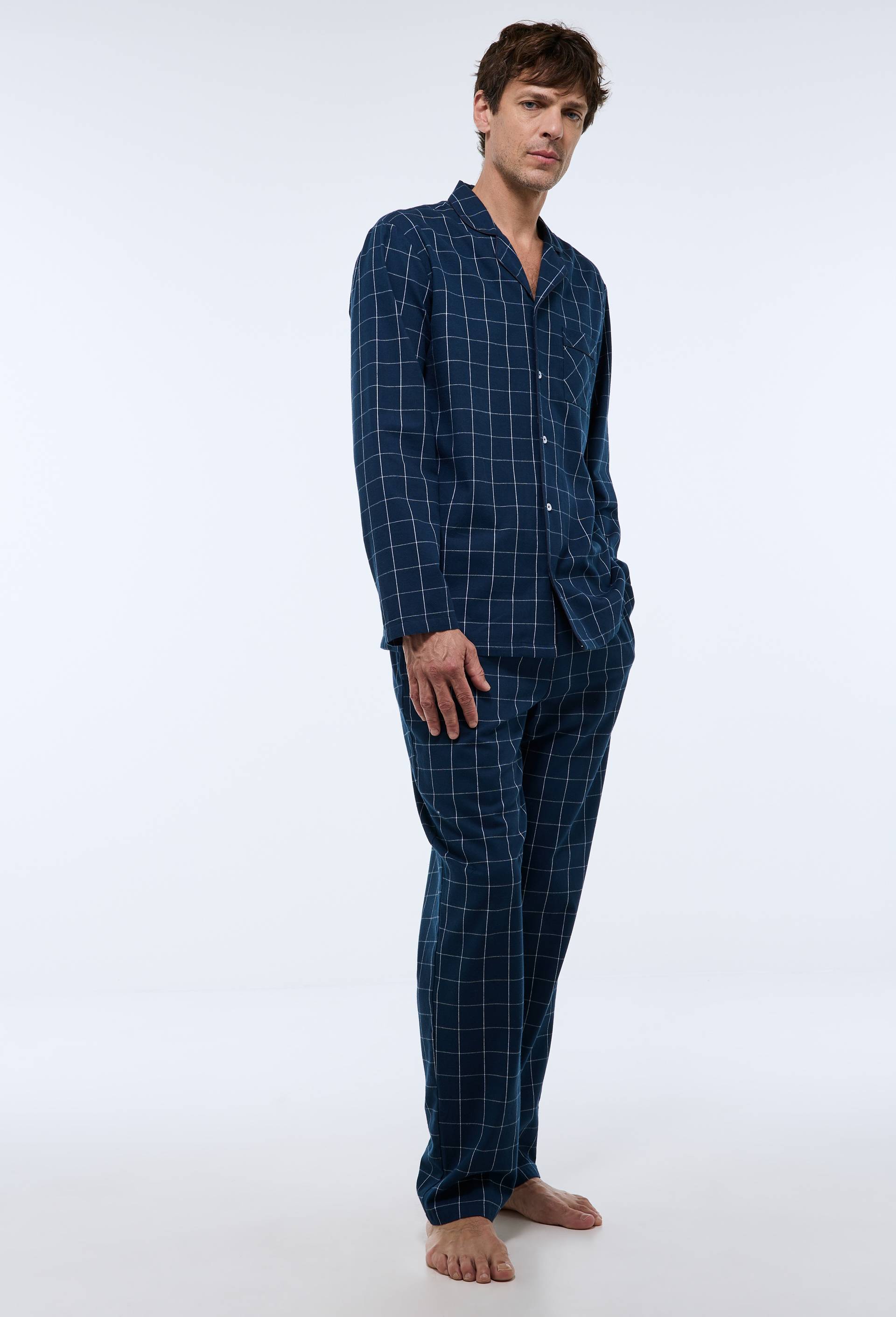 Pyjama manches longues et pantalon en flanelle de coton BIO GOTS, Bleu fonc&eacute;, large image number 0