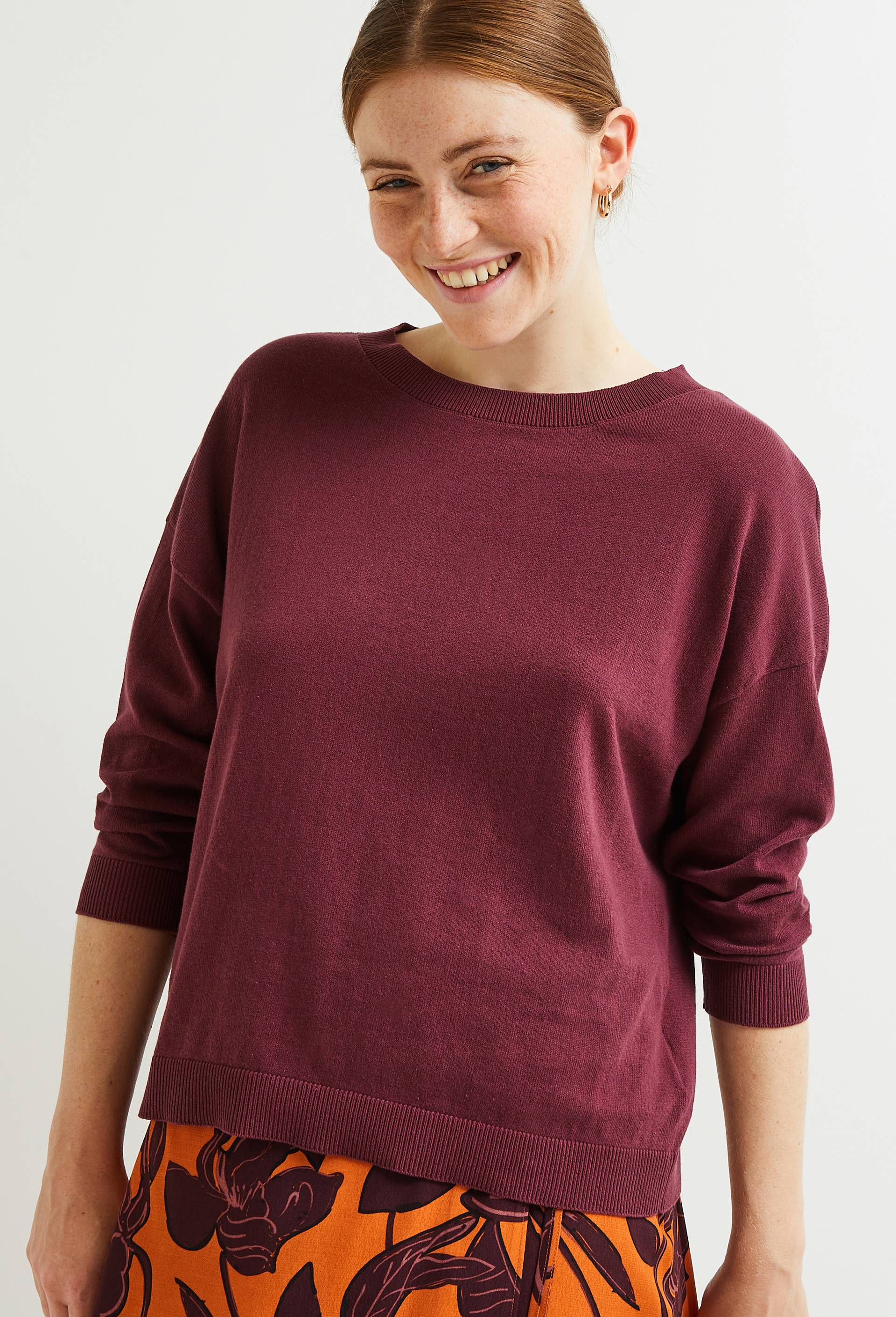 Pull manches coude uni en coton BIO, Rouge foncé, large image number 0.0