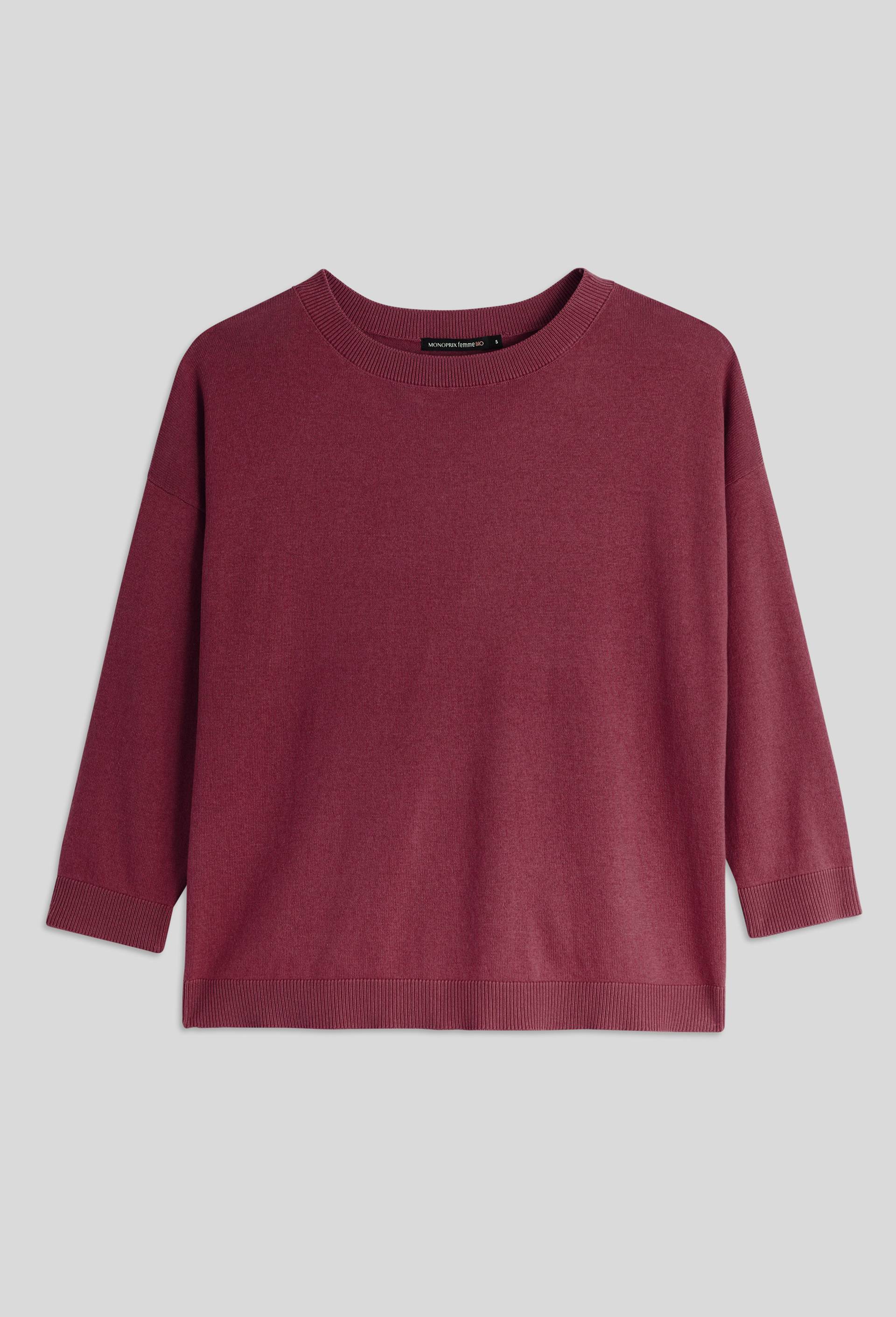 Pull manches coude uni en coton BIO, Rouge foncé, large image number 2.0