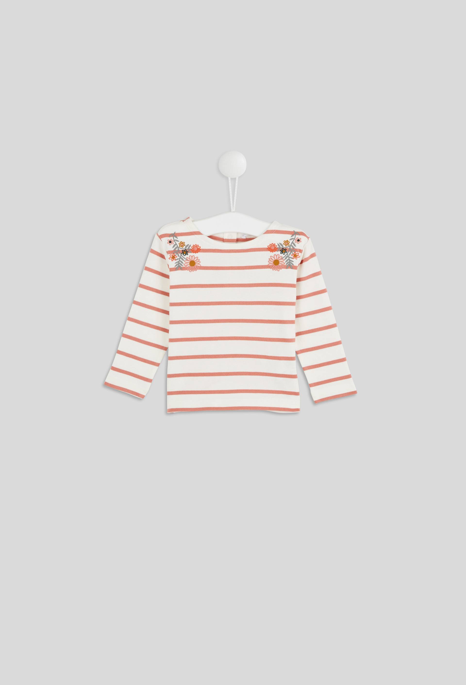 Tee-Shirt marini&egrave;re broderies fleurs &eacute;paules devant col rond manches longues, fille, en coton BIO, OEKO-TEX, Rose, large image number 0