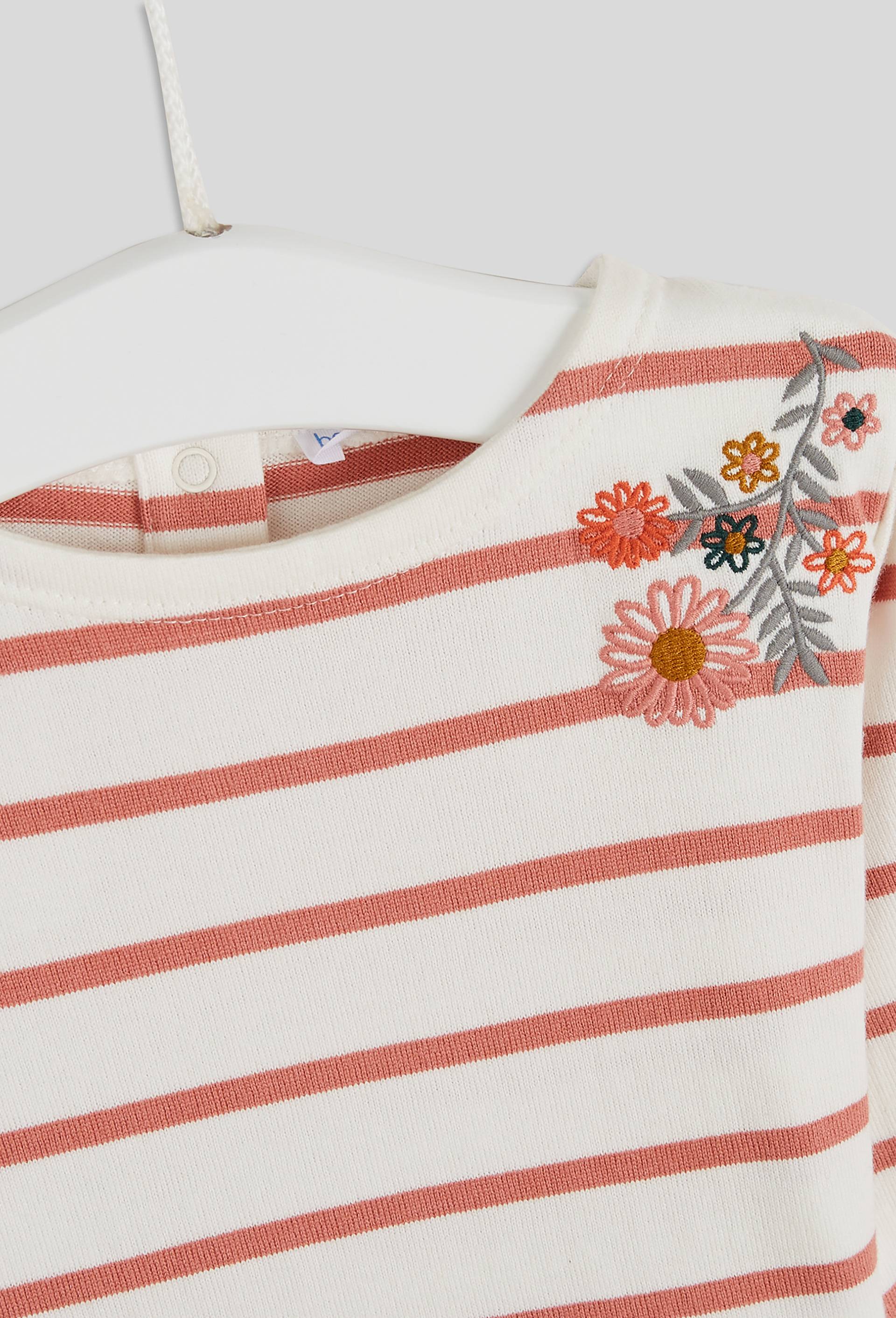 Tee-Shirt marini&egrave;re broderies fleurs &eacute;paules devant col rond manches longues, fille, en coton BIO, OEKO-TEX, Rose, large image number 2