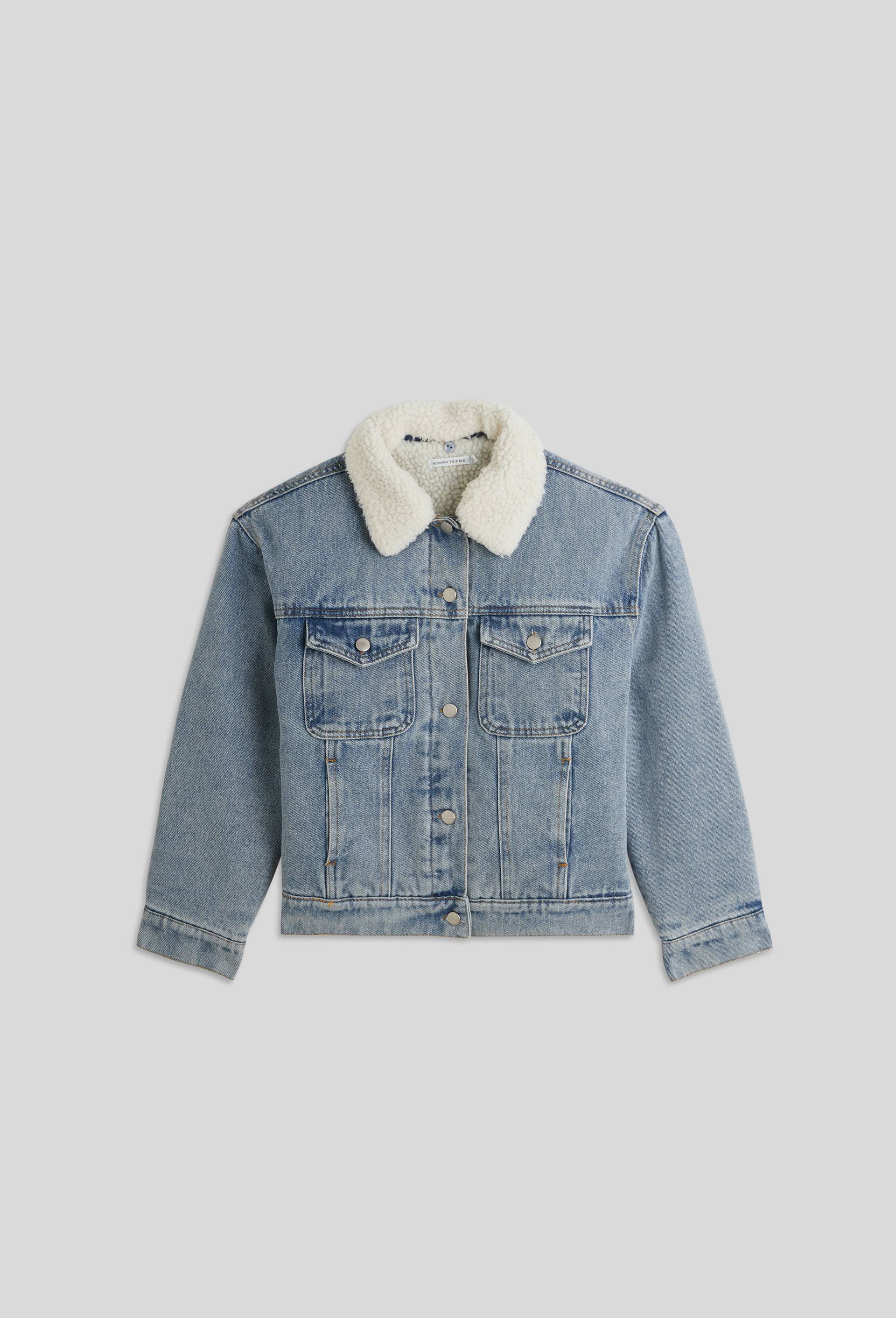 Veste en denim doublée sherpa contenant du coton BIO, Bleu, large image number 1.0
