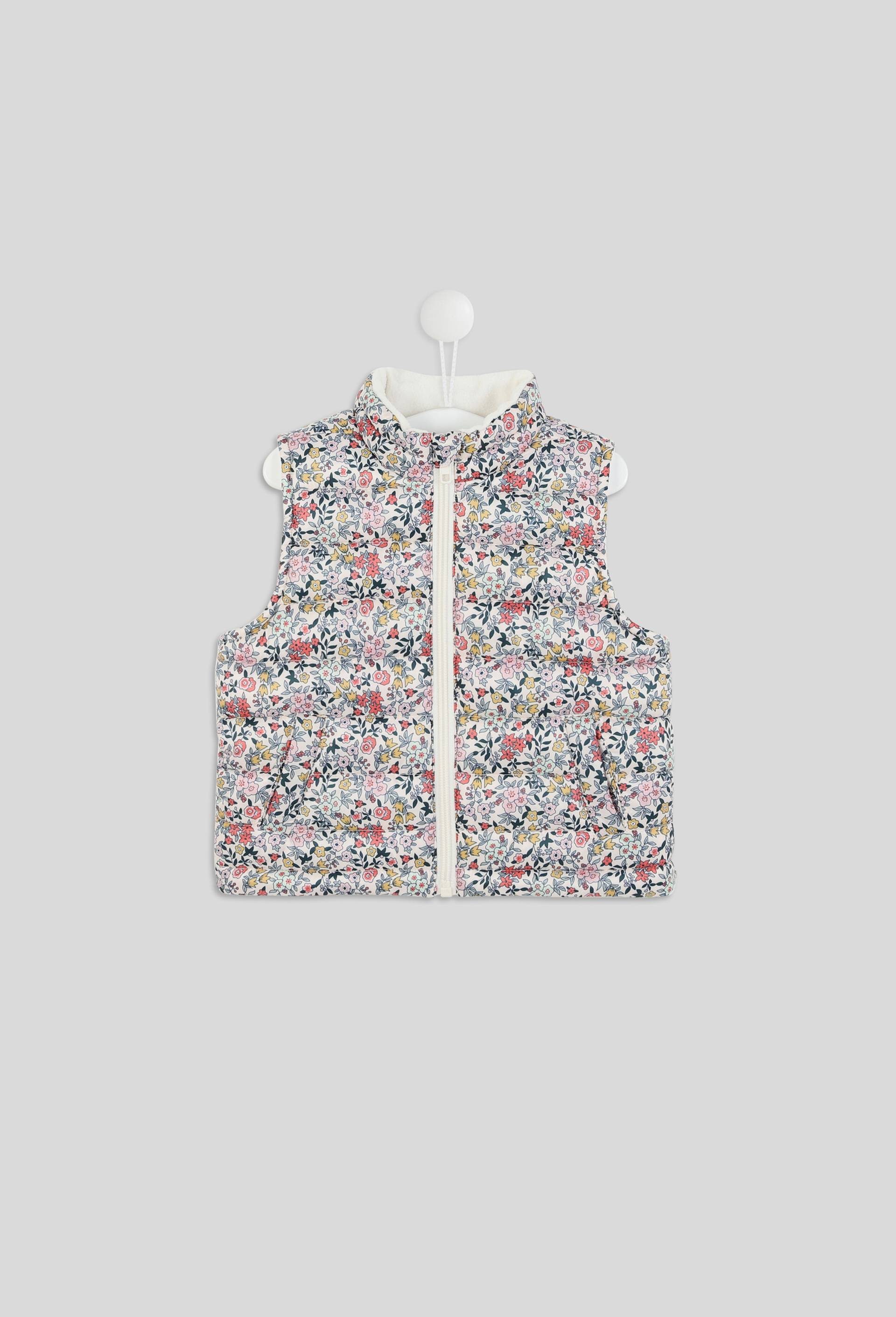 Doudoune fine imprim&eacute;e fleurs fermeture zipp&eacute;e col montant sans manches, fille, rembourrage en polyester recycl&eacute;, Beige clair, large image number 0