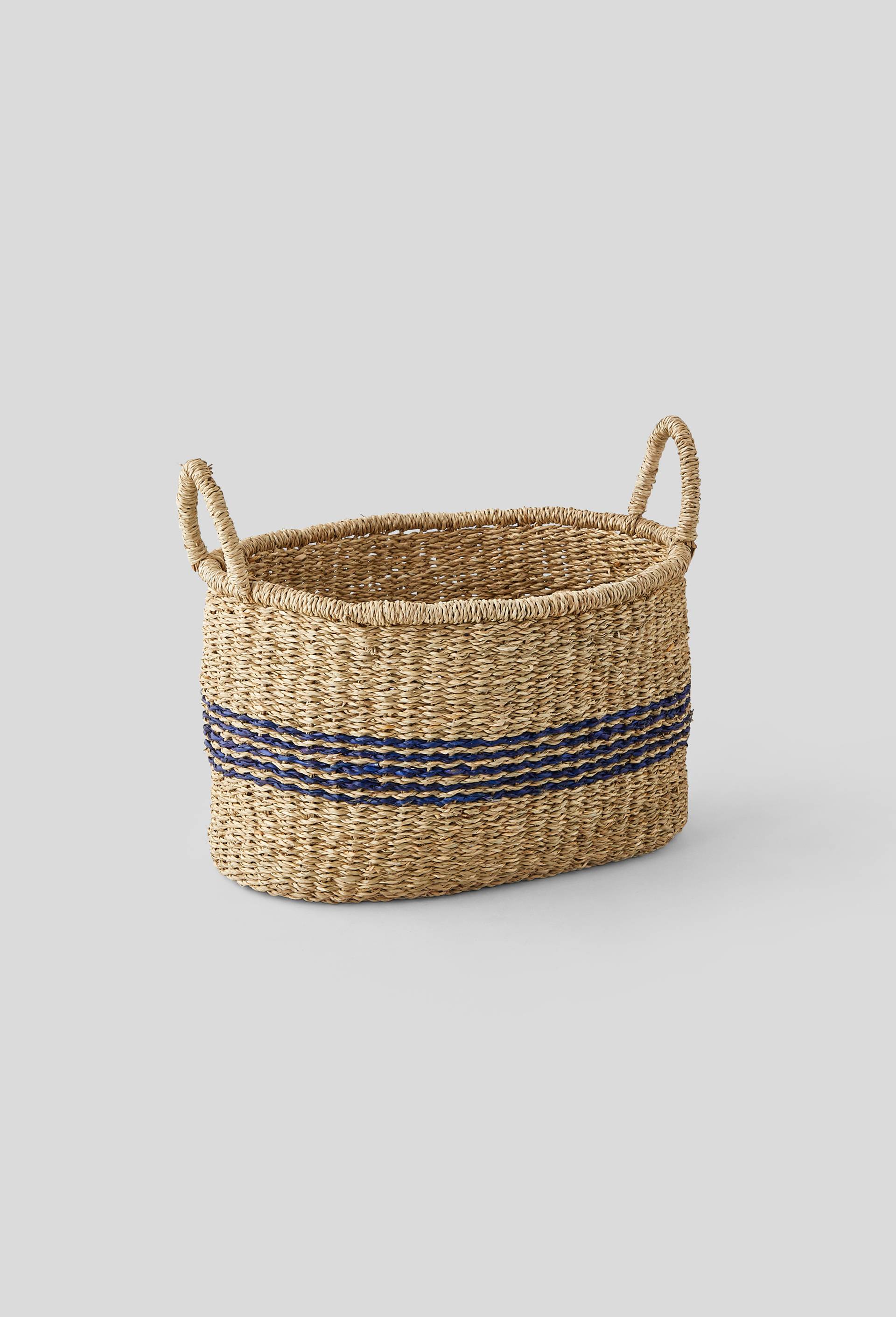 Panier ovale rayé en jonc de mer, 41x22x23 cm, Bleu, large image number 0.0