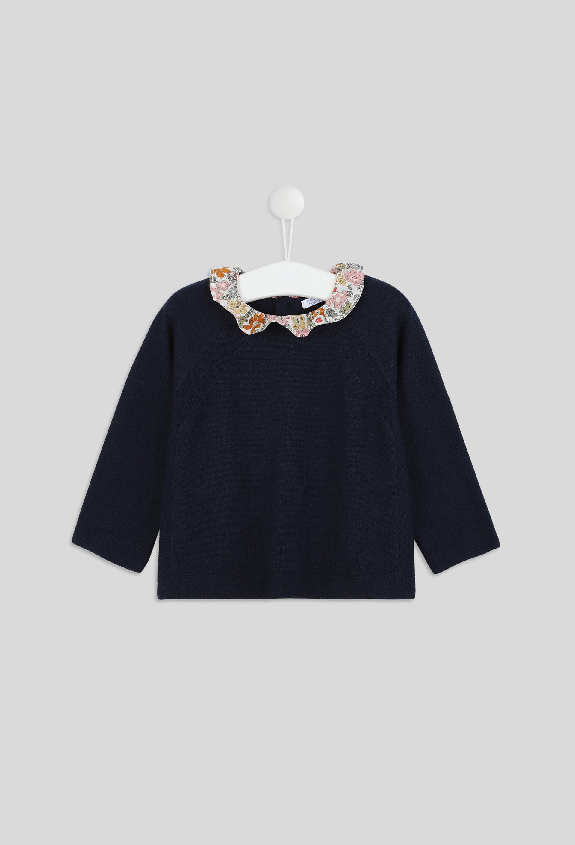 Pull uni col dentelle imprimé fleur manches longues, fille, contient de la laine, OEKO-TEX, Bleu foncé, large image number 0.0