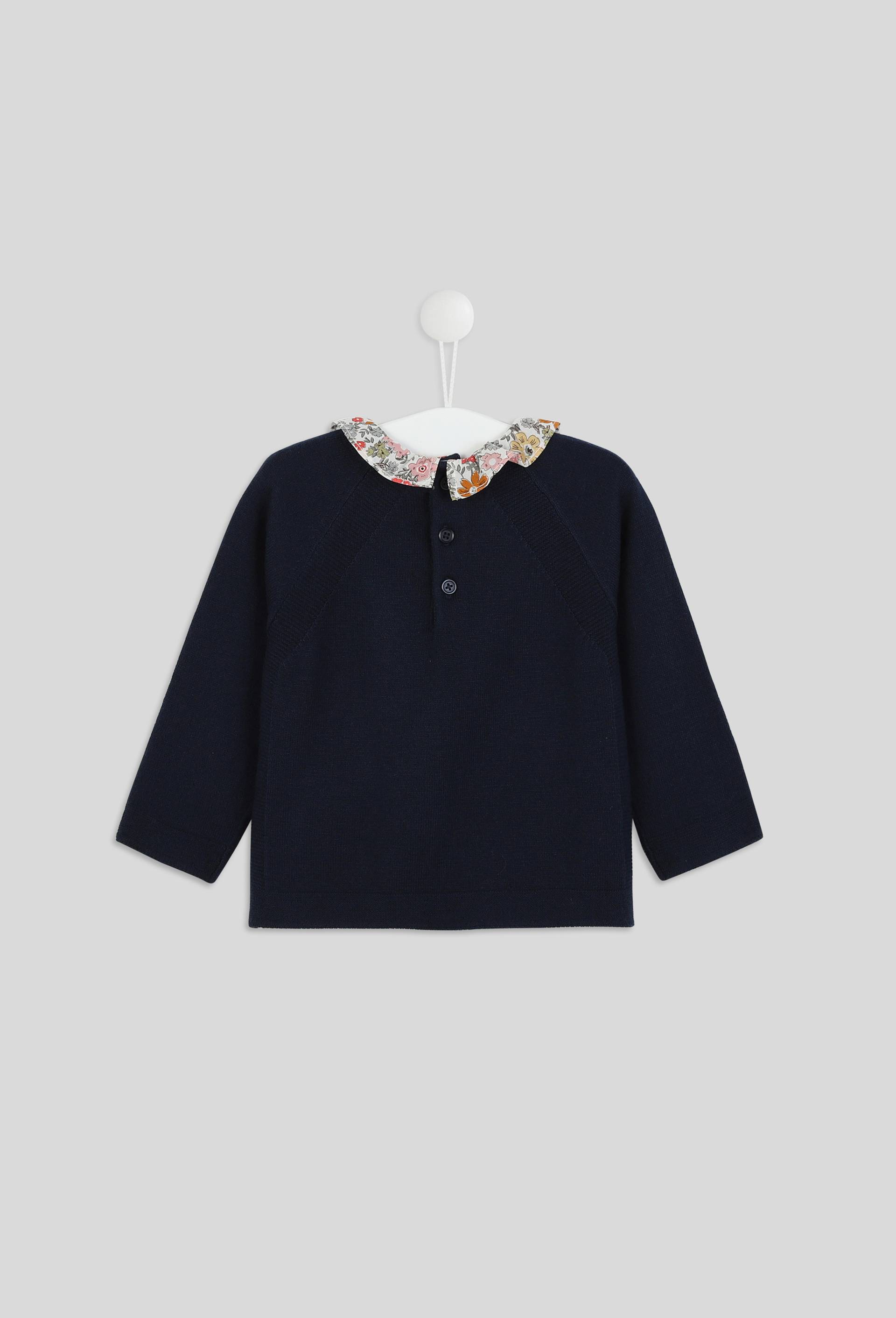 Pull uni col dentelle imprimé fleur manches longues, fille, contient de la laine, OEKO-TEX, Bleu foncé, large image number 1