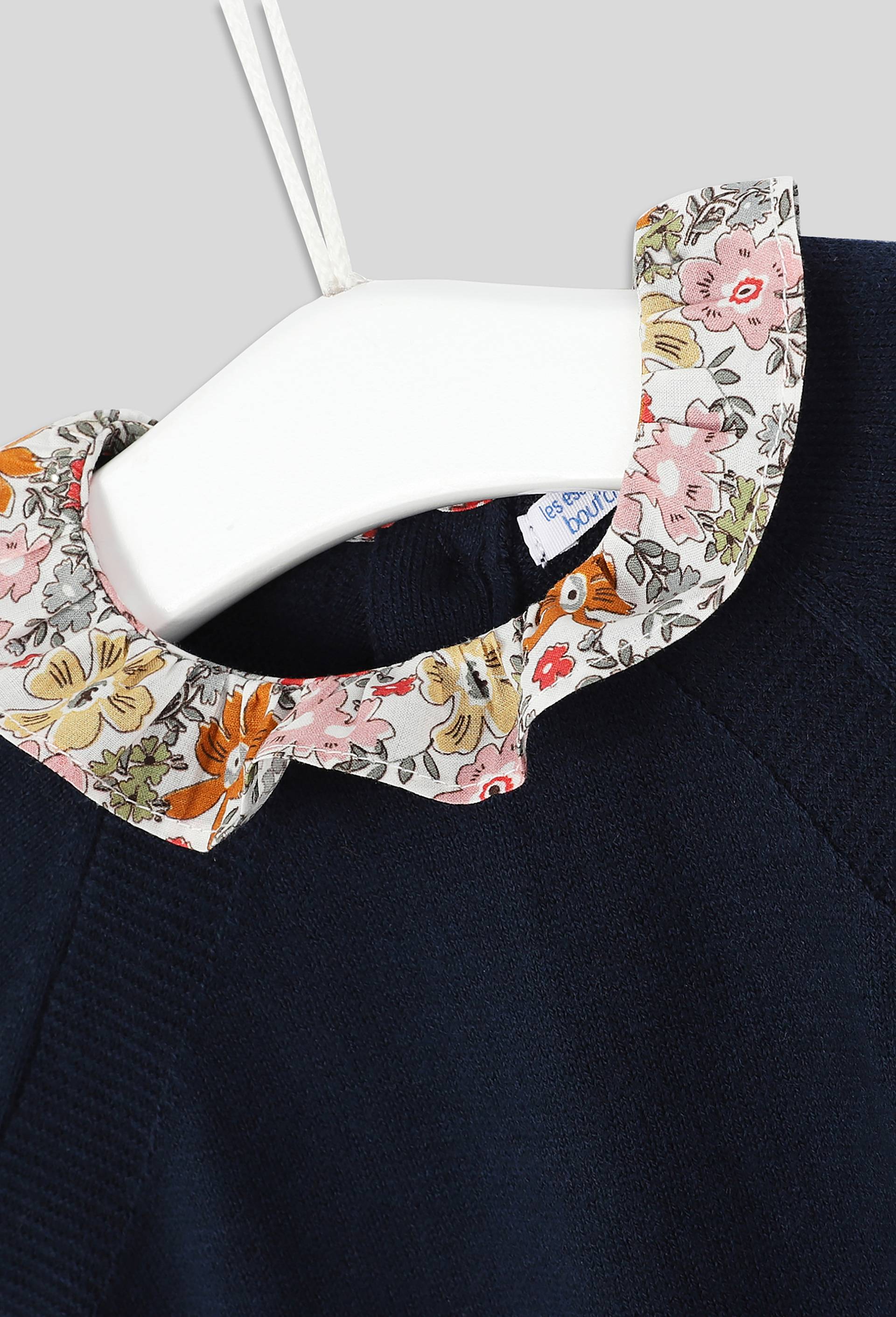 Pull uni col dentelle imprimé fleur manches longues, fille, contient de la laine, OEKO-TEX, Bleu foncé, large image number 2.0