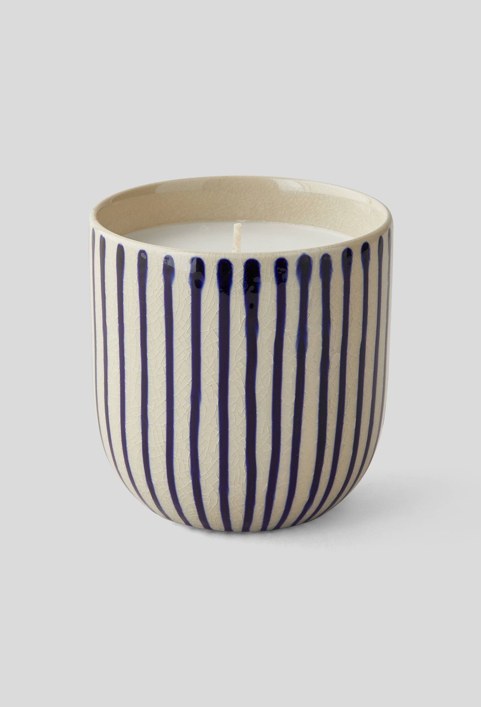 Bougie dans un pot rayé, 12,5 x 12,5 cm, en céramique, Bleu, large image number 0