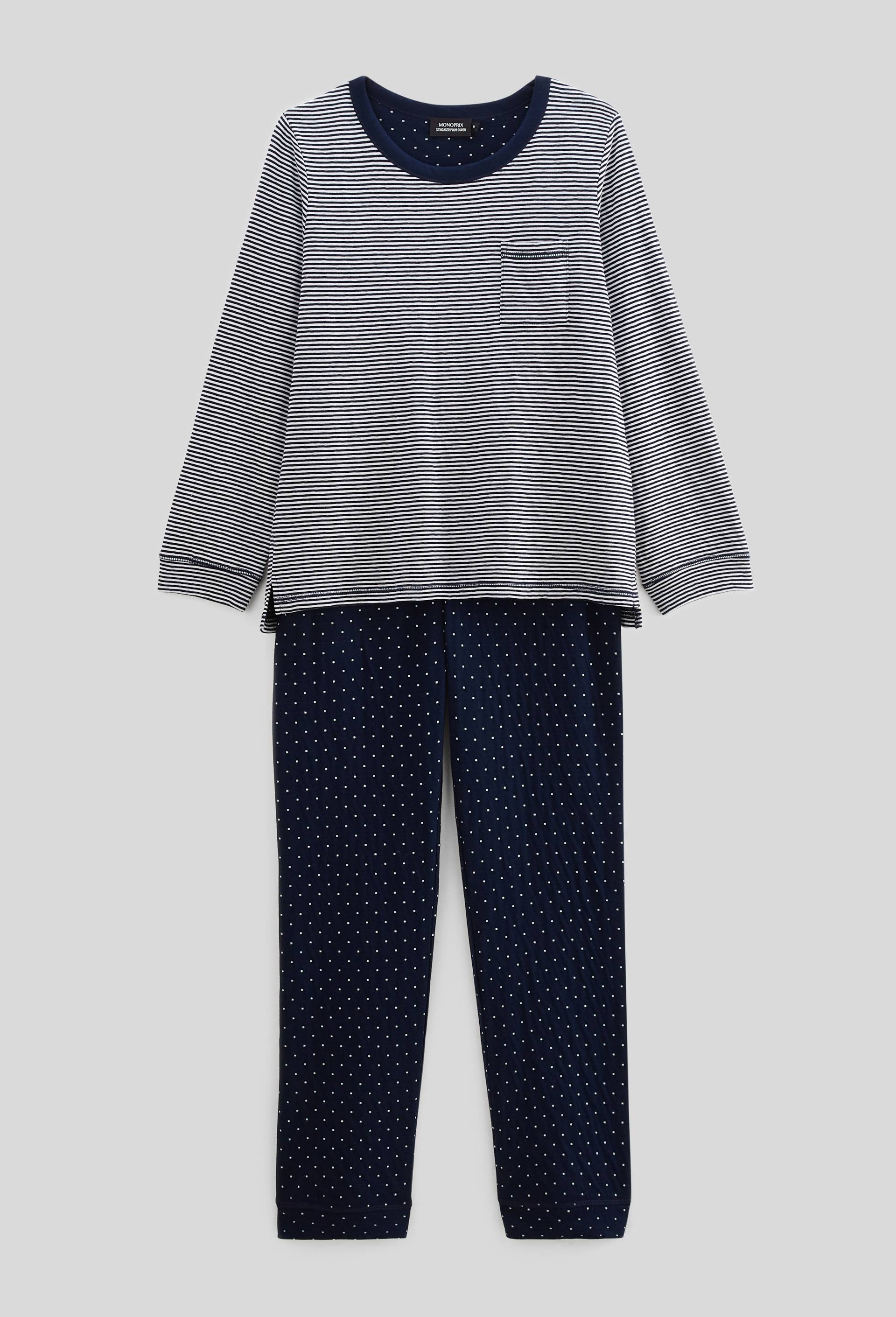 Pyjama long à rayures et pois en coton BIO GOTS, Bleu foncé, large image number 2