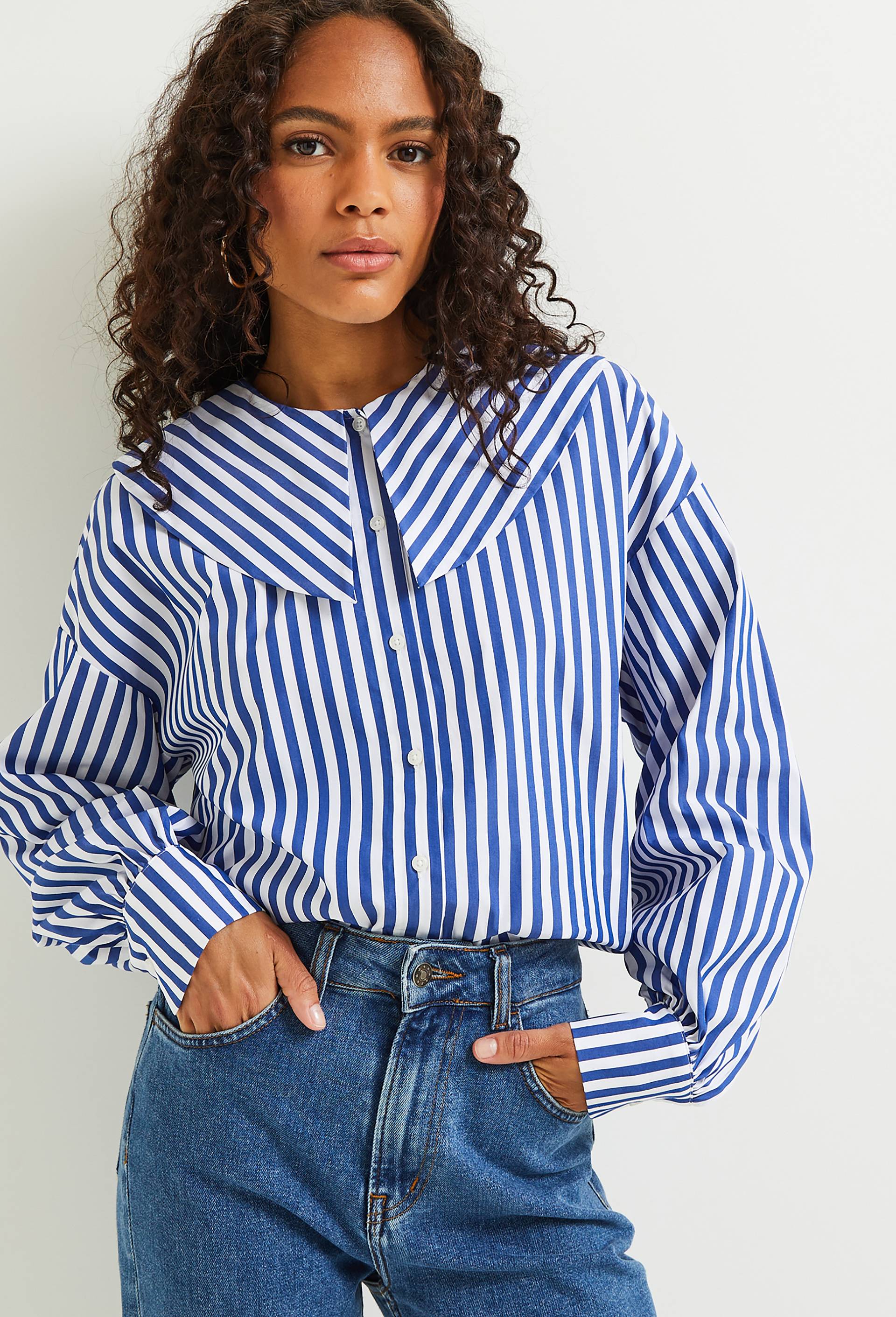 Chemise grand col rayée en coton BIO, Bleu, large image number 0