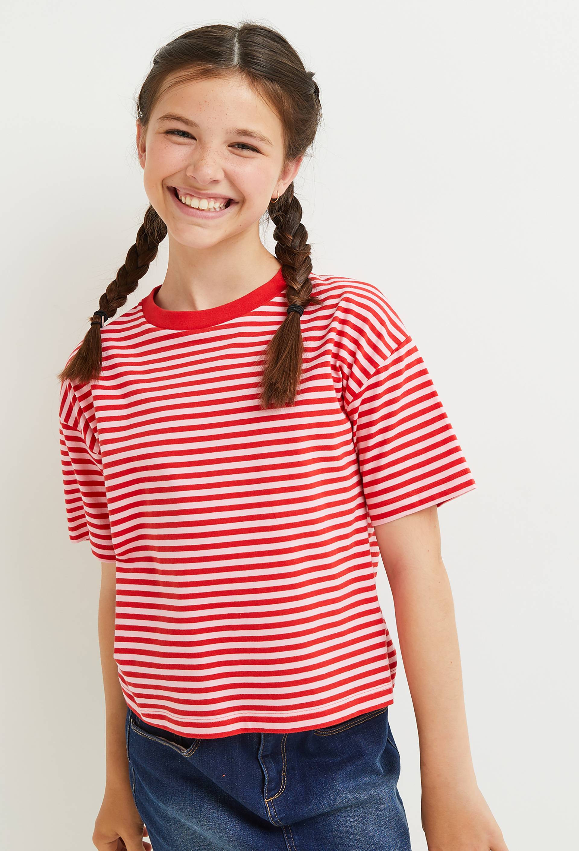 T-shirt manches courtes rayé en coton BIO, certifié OEKO-TEX, Rouge, large image number 0