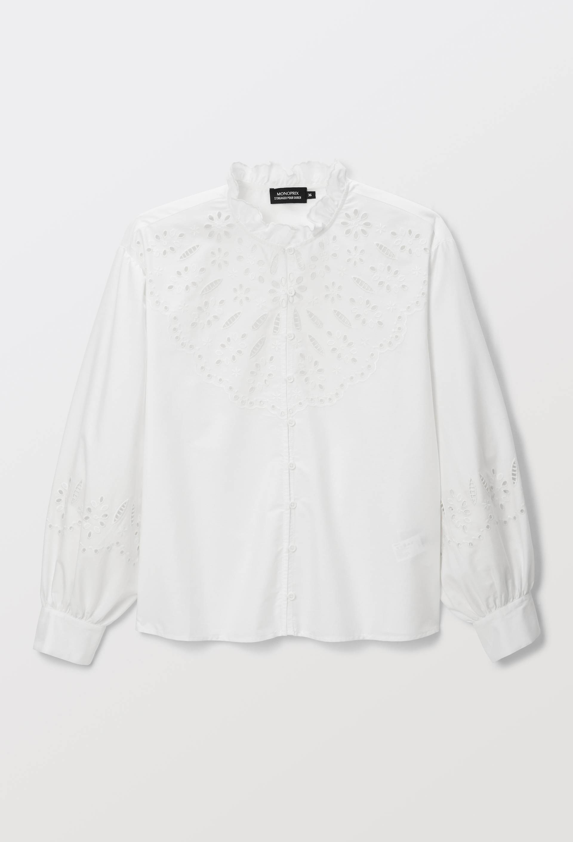 Chemise manches longues broderie col en coton BIO GOTS, Ecru, large image number 2