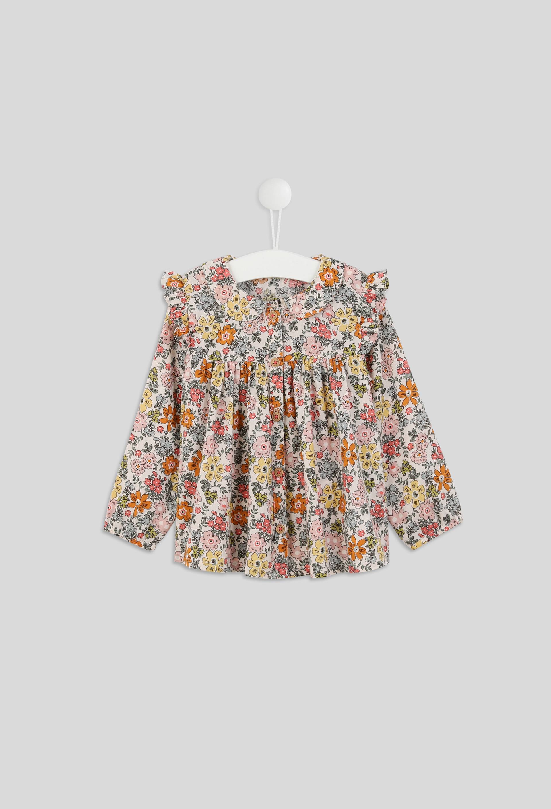Blouse imprimée fleurs à boutons devant col claudine manches longues, fille, en coton BIO, OEKO-TEX, Ecru, large image number 0