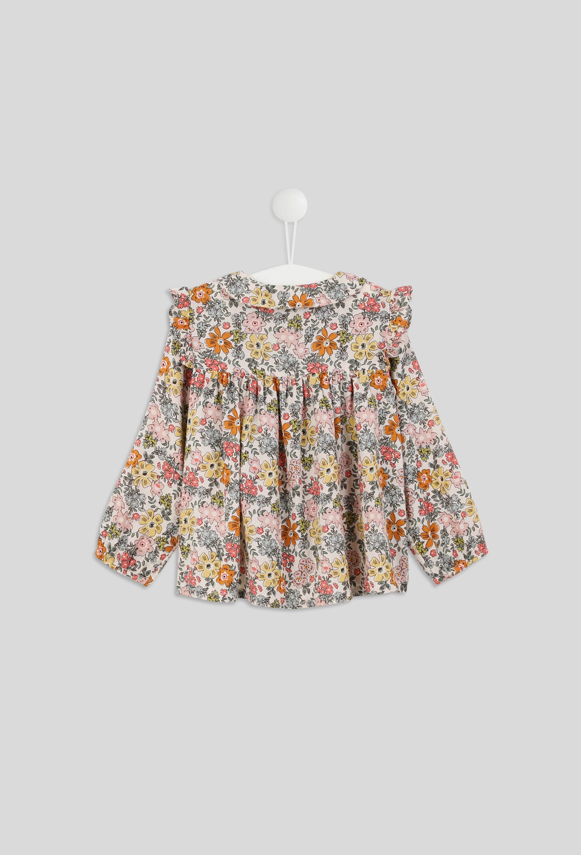 Blouse imprimée fleurs à boutons devant col claudine manches longues, fille, en coton BIO, OEKO-TEX, Ecru, large image number 1