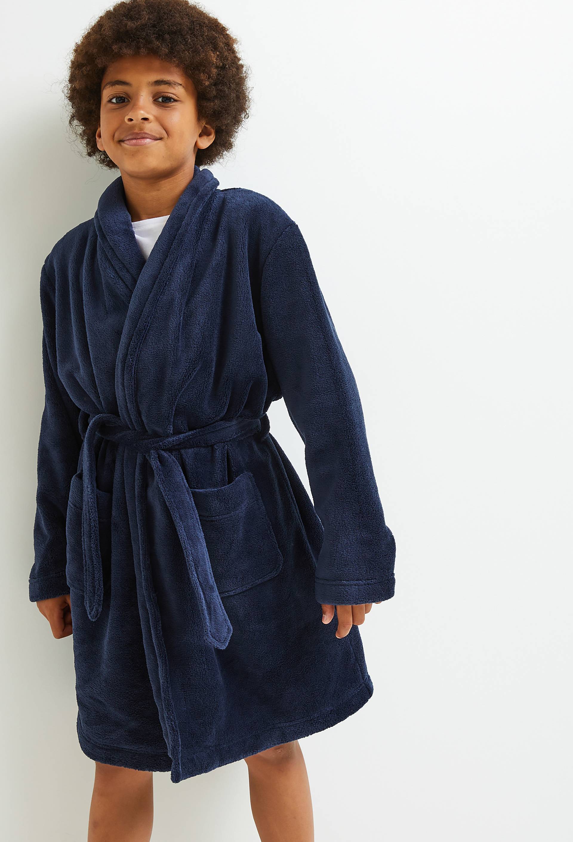 Robe de chambre enfant en polaire unie, Bleu fonc&eacute;, large image number 1