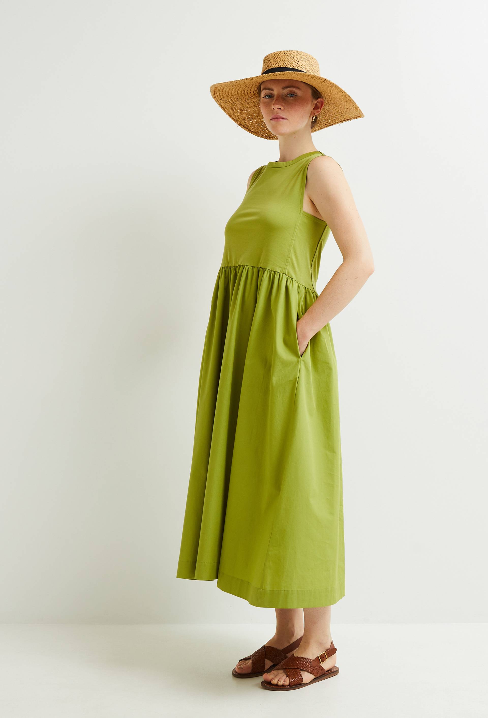 Robe longue débardeur - Col rond - Bi matière en coton BIO, Vert, swatch image
