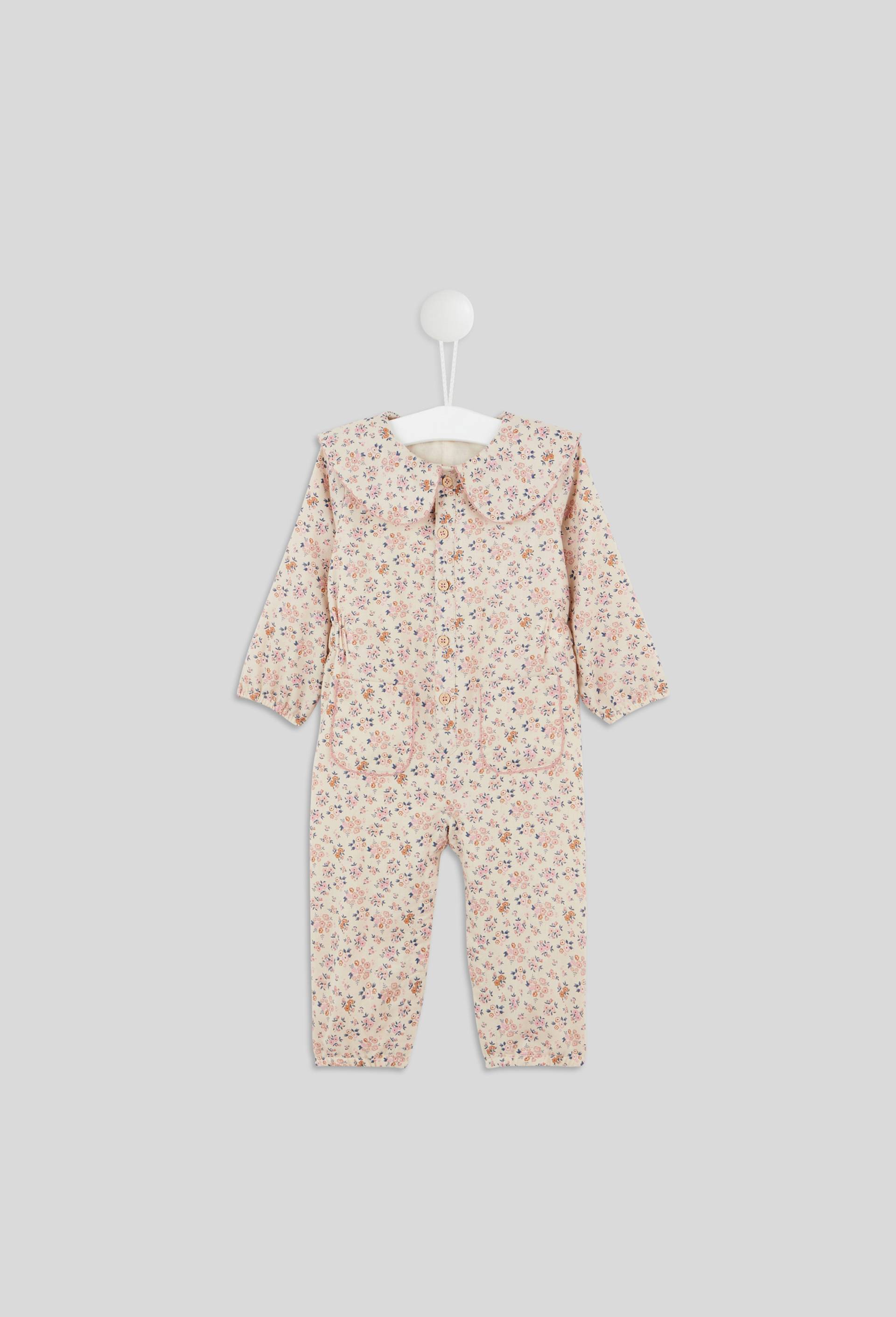 Combinaison longue imprimée fleurs fermeture boutons grand col manches longues, fille, en coton BIO, OEKO-TEX, Beige clair, large image number 0