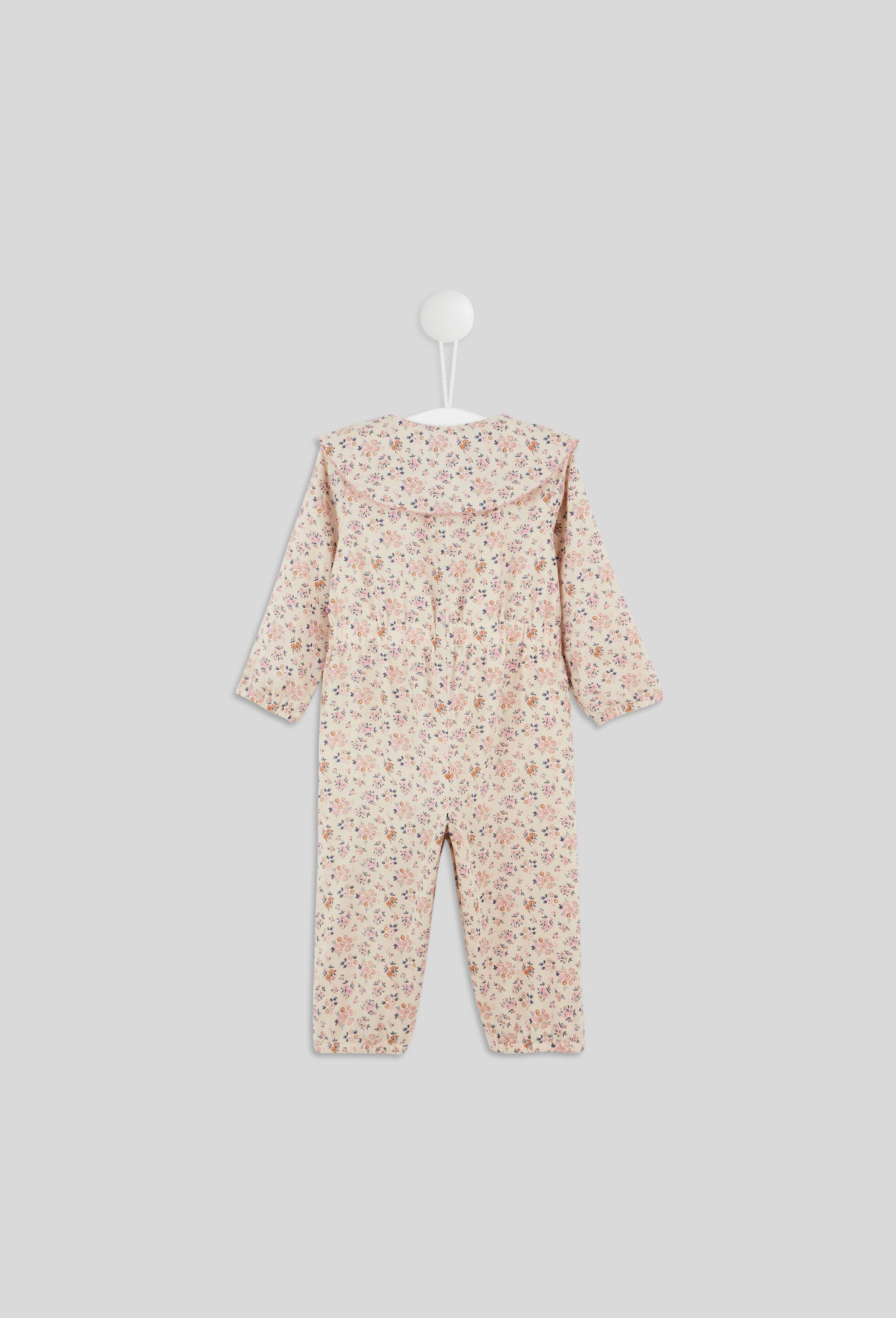 Combinaison longue imprimée fleurs fermeture boutons grand col manches longues, fille, en coton BIO, OEKO-TEX, Beige clair, large image number 1