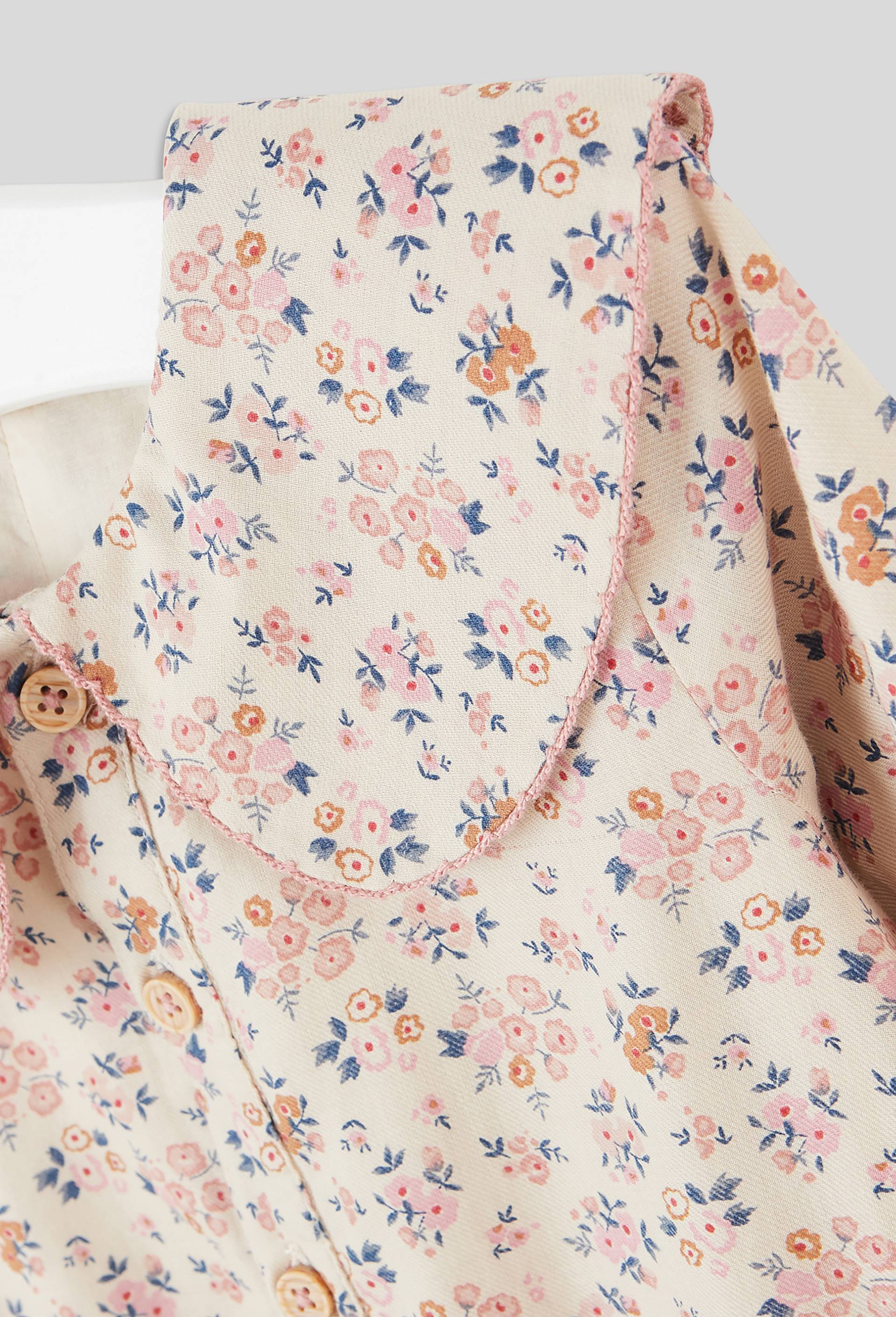 Combinaison longue imprimée fleurs fermeture boutons grand col manches longues, fille, en coton BIO, OEKO-TEX, Beige clair, large image number 2