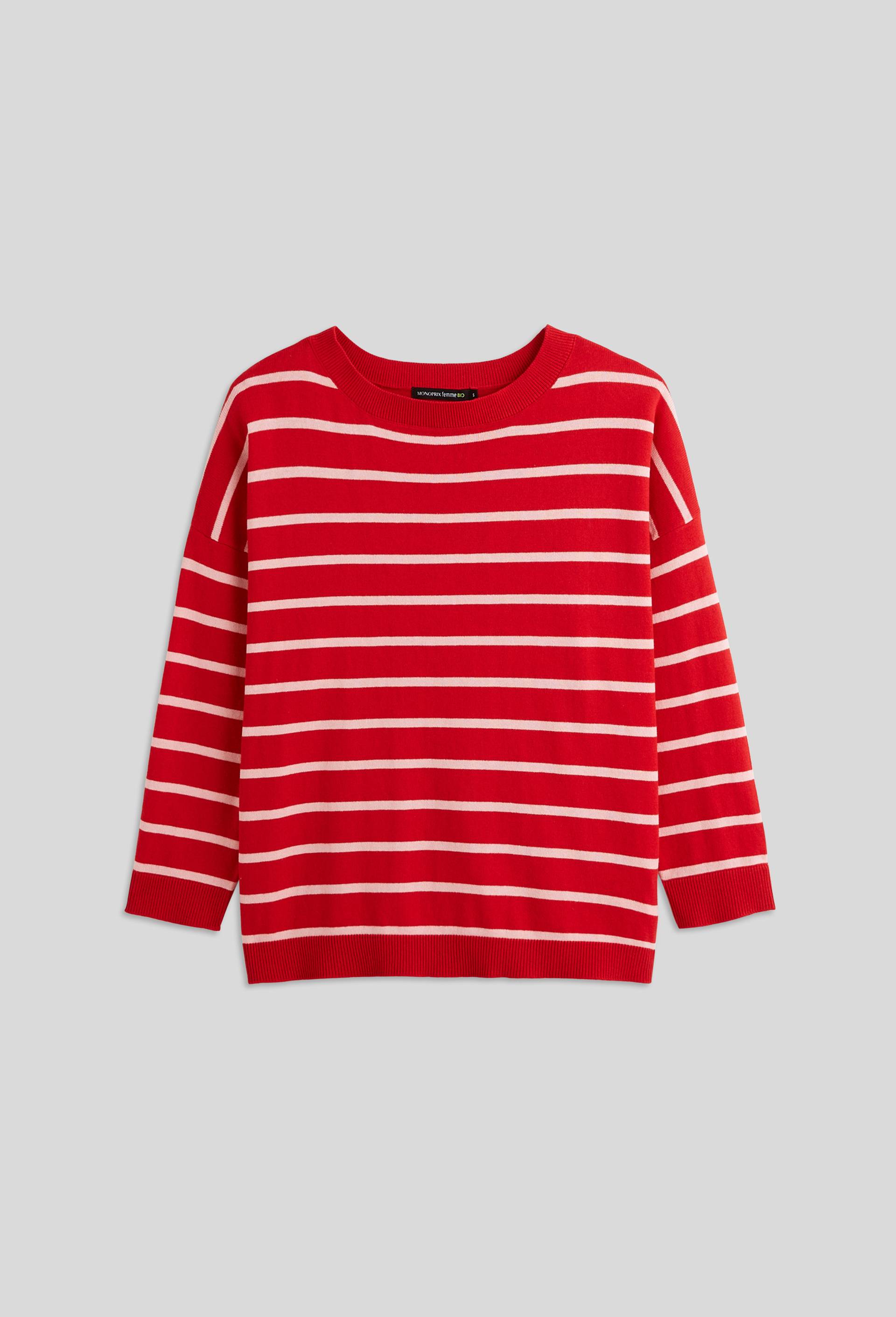 Pull marini&egrave;re manches coude en coton BIO GOTS, Rouge, large image number 2